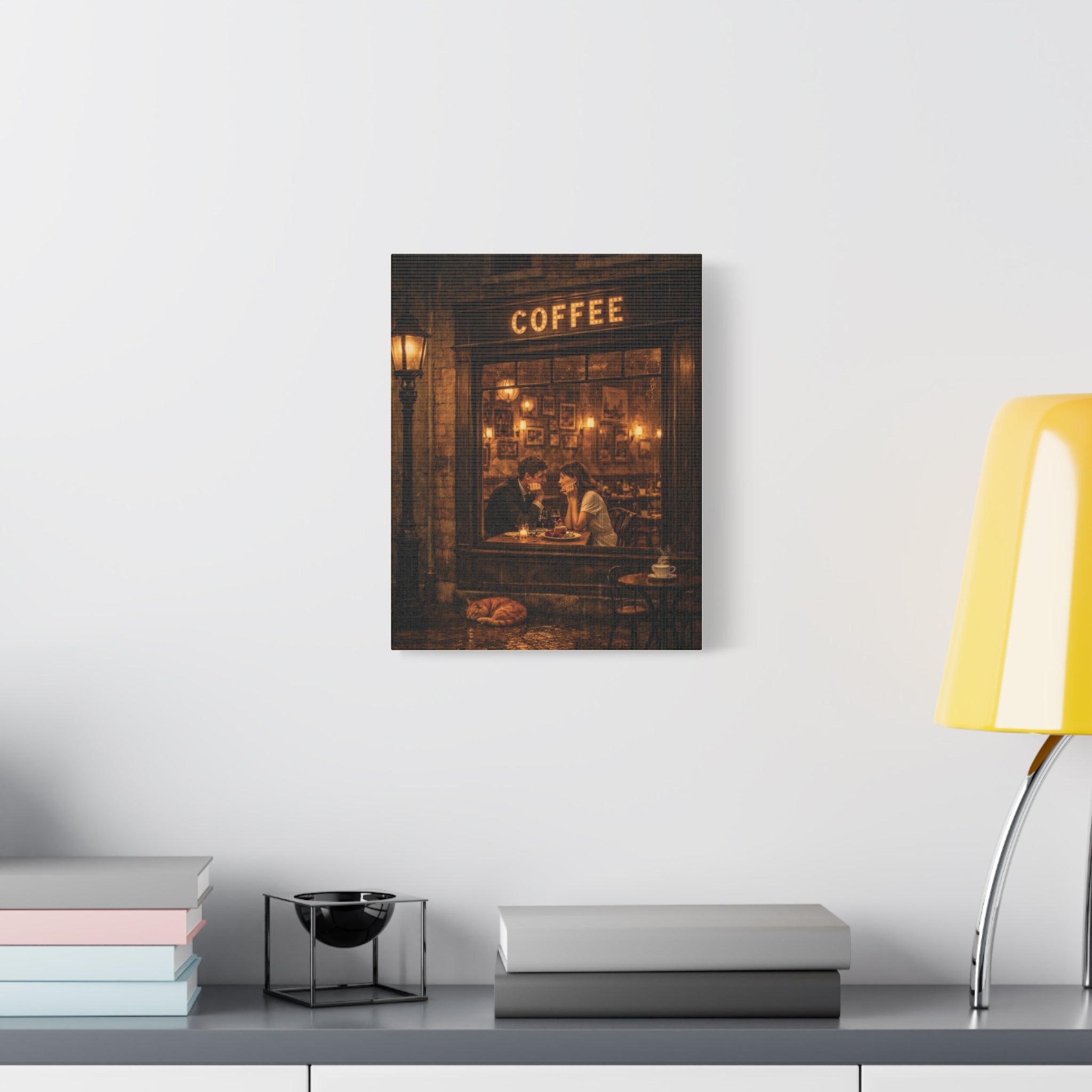 Coffee Shop Romance ☕🌧️ | Vintage Rainy Night Café Canvas Wall Art