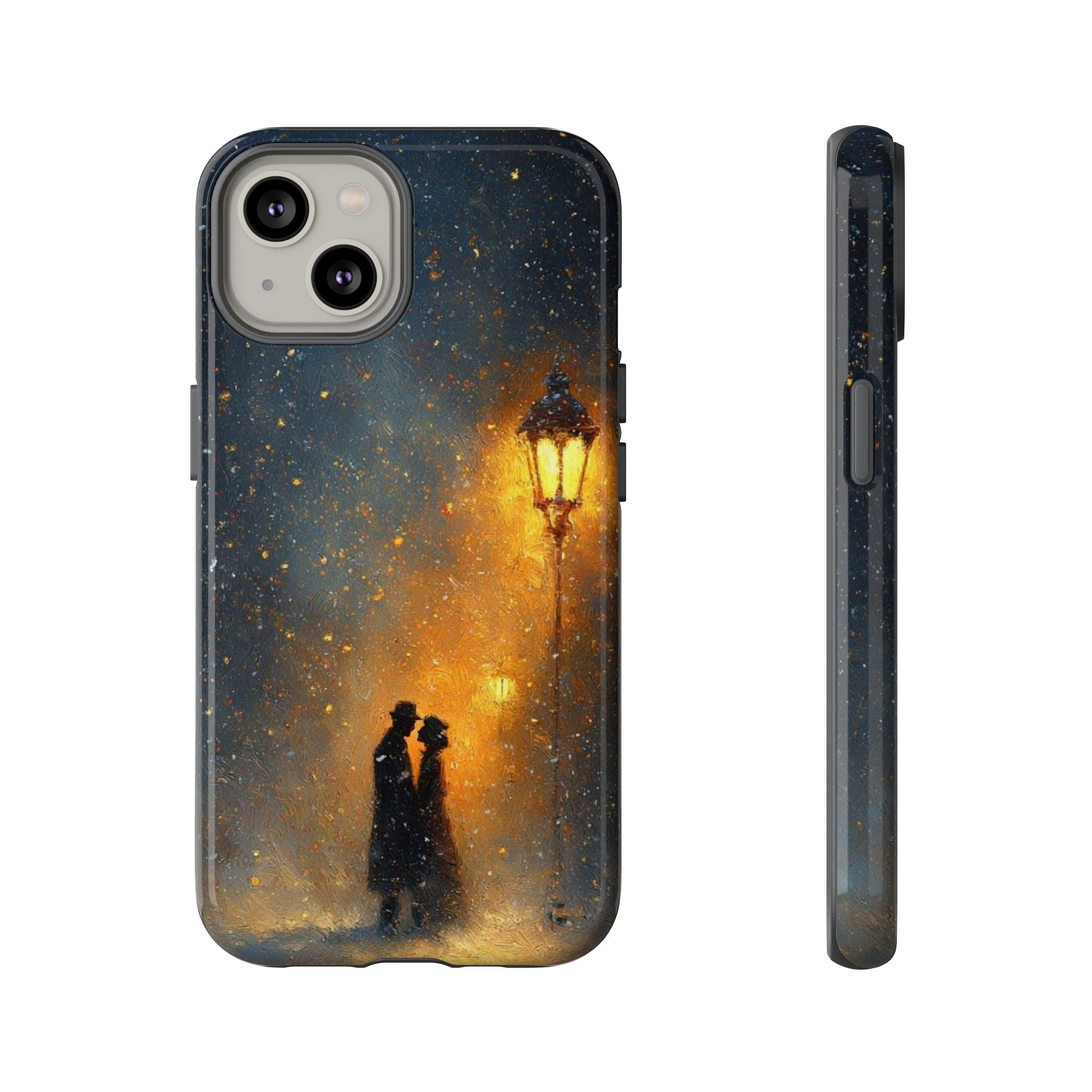 Romantic Snowy Street Phone Case — Vintage Couple Under Lamplight🌓🌙