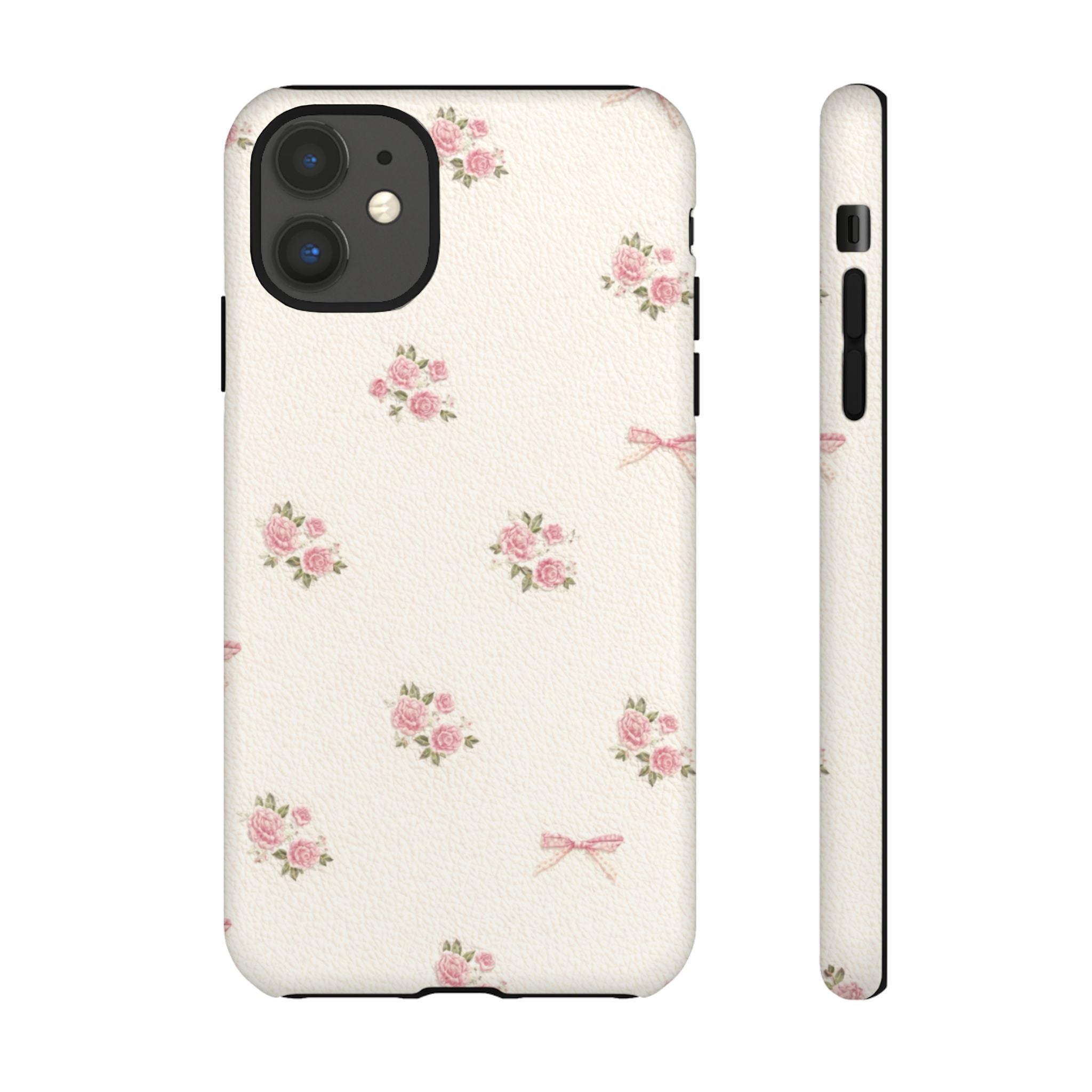 Floral Bow Tough Phone Case — Vintage Pink Rose Pattern🌷🎀