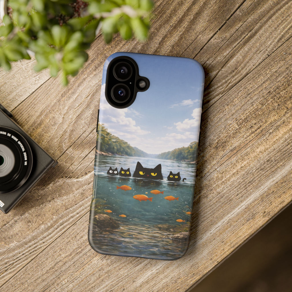 Cat Lake Tough Phone Case — Black Cats & Goldfish Scenic Protective Cover🐶🐾