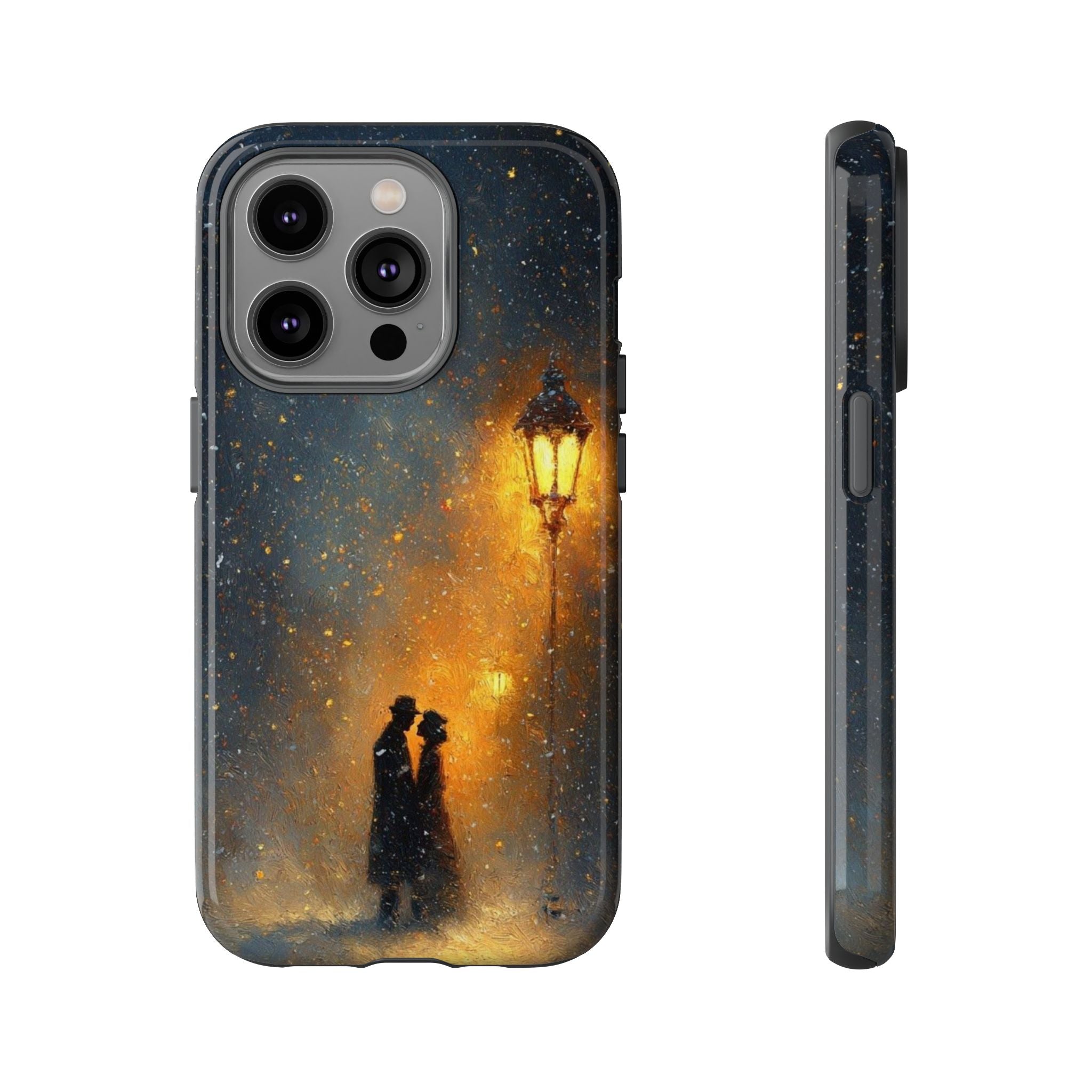 Romantic Snowy Street Phone Case — Vintage Couple Under Lamplight🌓🌙