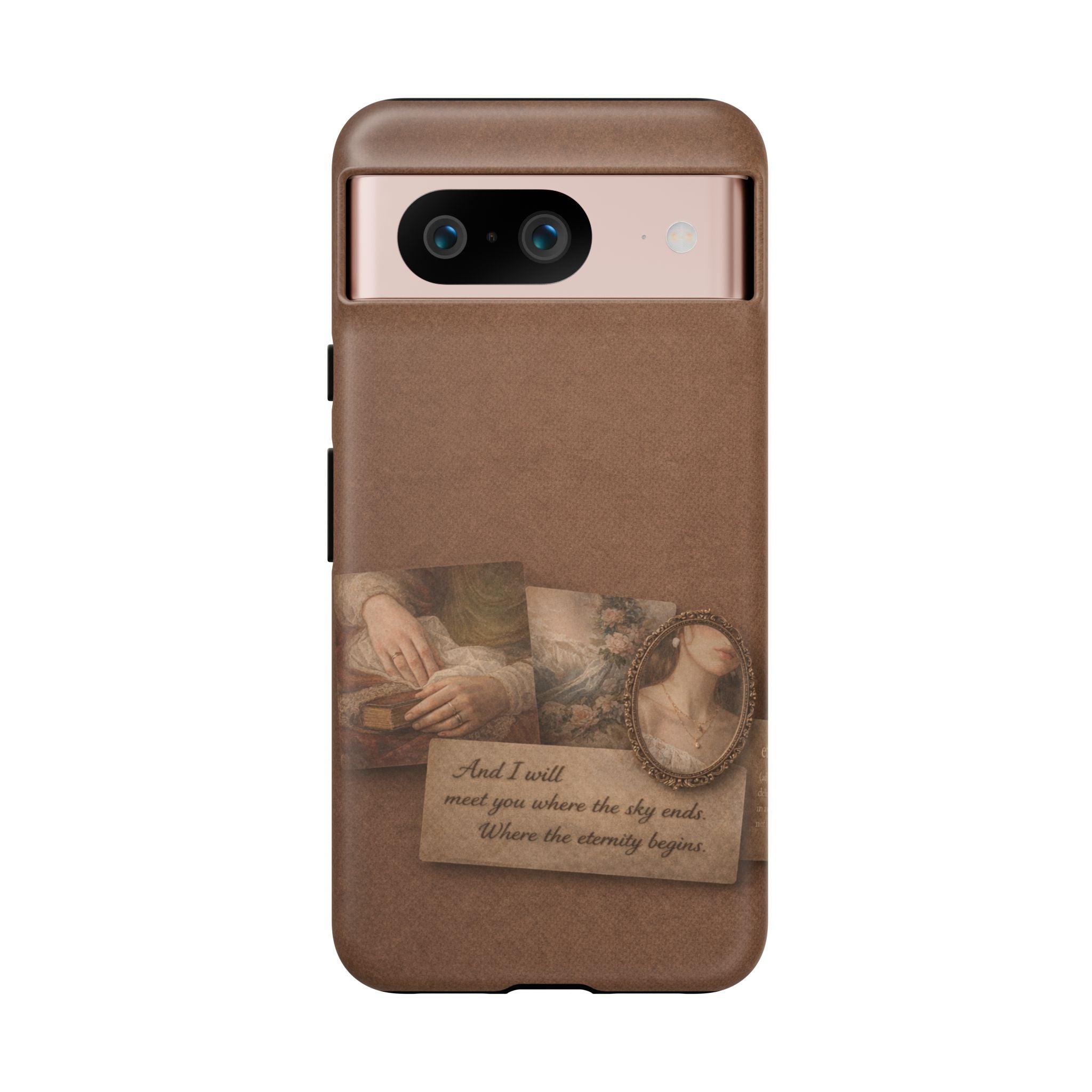 Vintage Brown Phone Case with Romantic Collage — "And I saw you where the sky ends"🌙