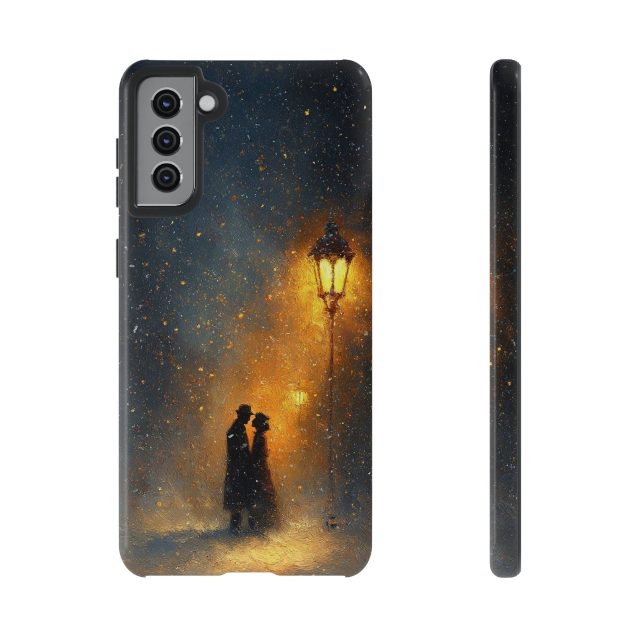 Romantic Snowy Street Phone Case — Vintage Couple Under Lamplight🌓🌙