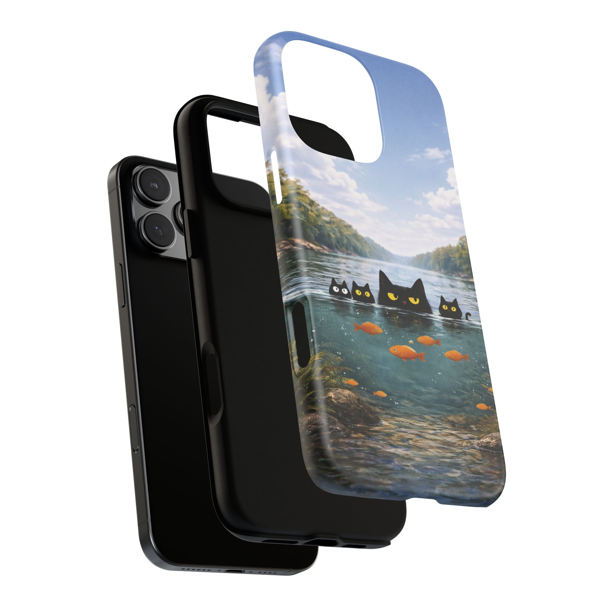Cat Lake Tough Phone Case — Black Cats & Goldfish Scenic Protective Cover🐶🐾