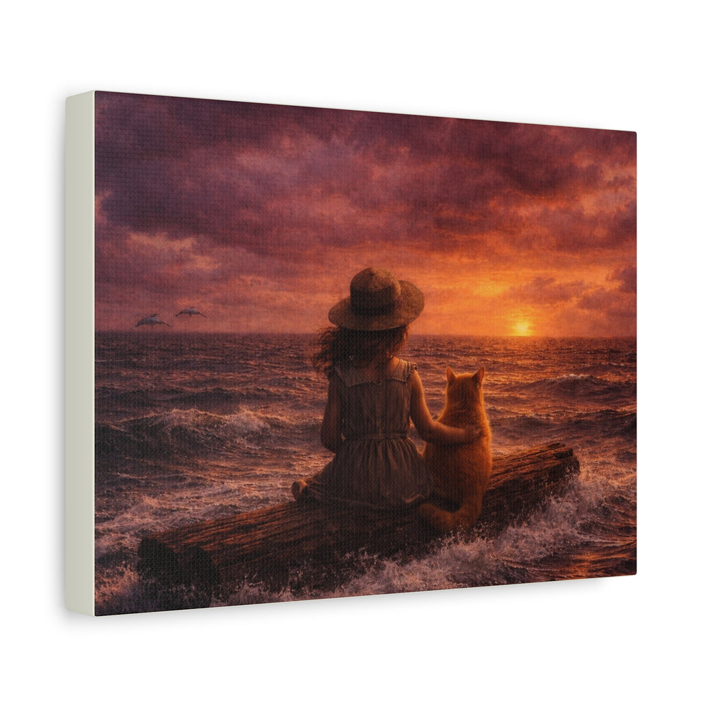 Quiet Companionship at Sunset – Girl & Cat Canvas Wall Art (Matte Stretched) 🌅