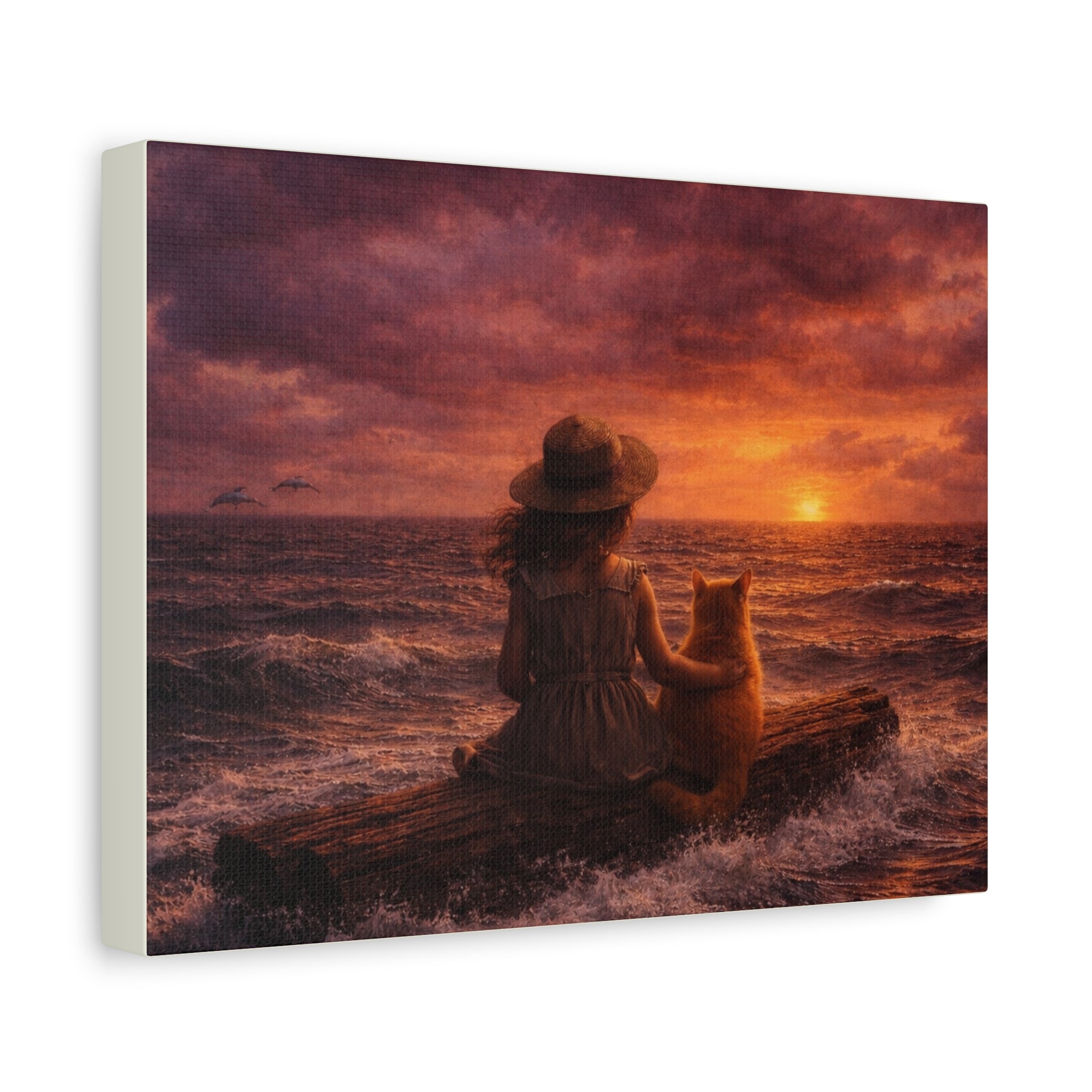 Quiet Companionship at Sunset – Girl & Cat Canvas Wall Art (Matte Stretched) 🌅
