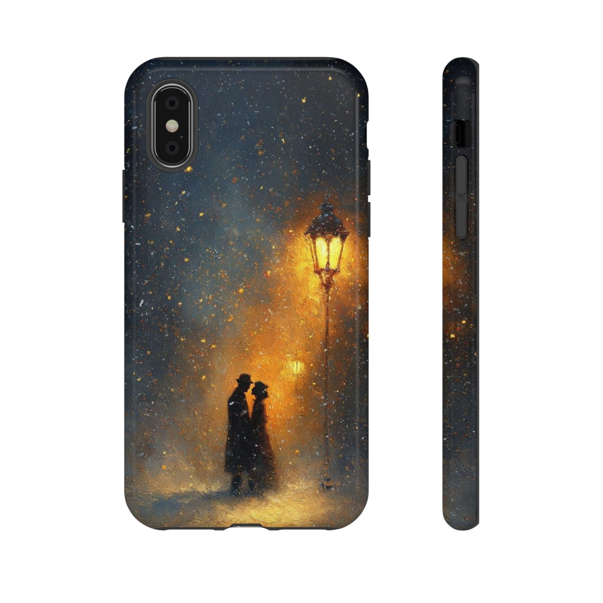Romantic Snowy Street Phone Case — Vintage Couple Under Lamplight🌓🌙