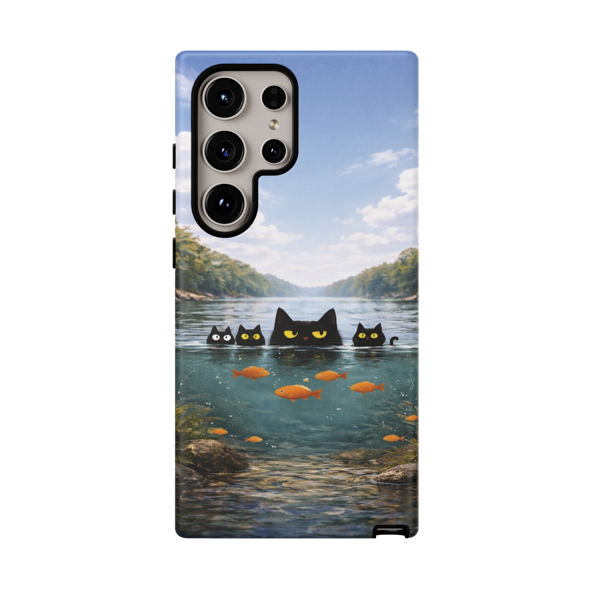 Cat Lake Tough Phone Case — Black Cats & Goldfish Scenic Protective Cover🐶🐾