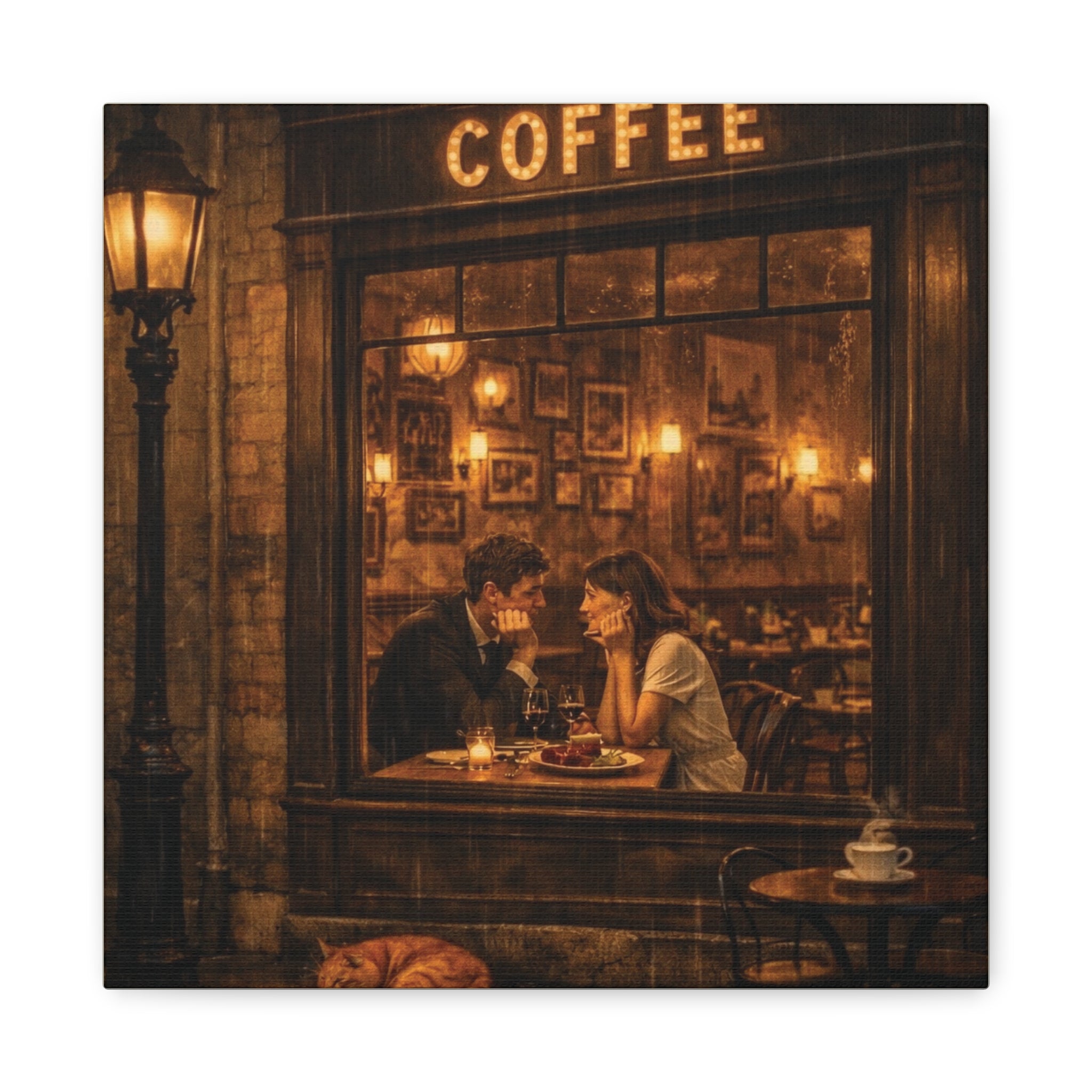 Coffee Shop Romance ☕🌧️ | Vintage Rainy Night Café Canvas Wall Art