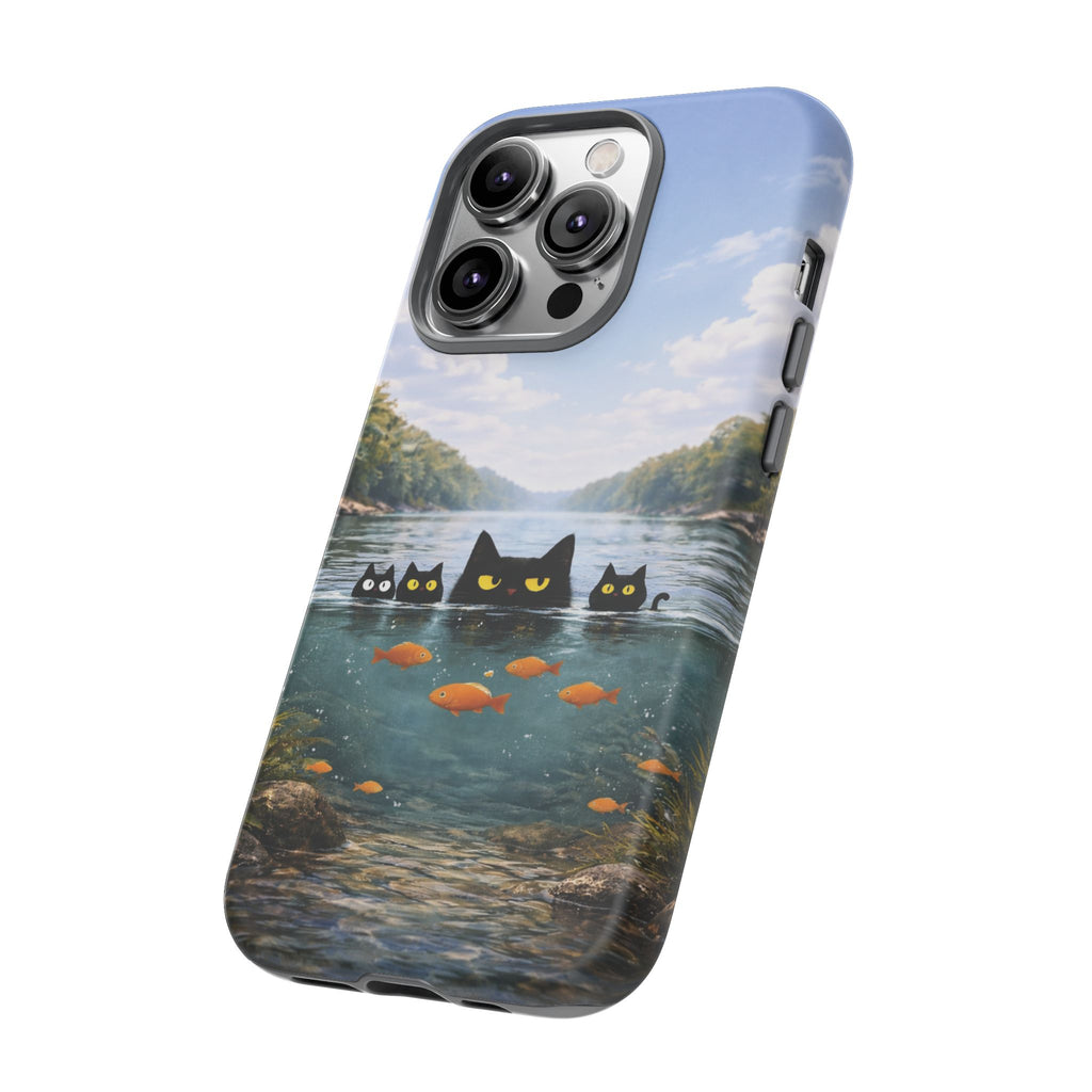 Cat Lake Tough Phone Case — Black Cats & Goldfish Scenic Protective Cover🐶🐾