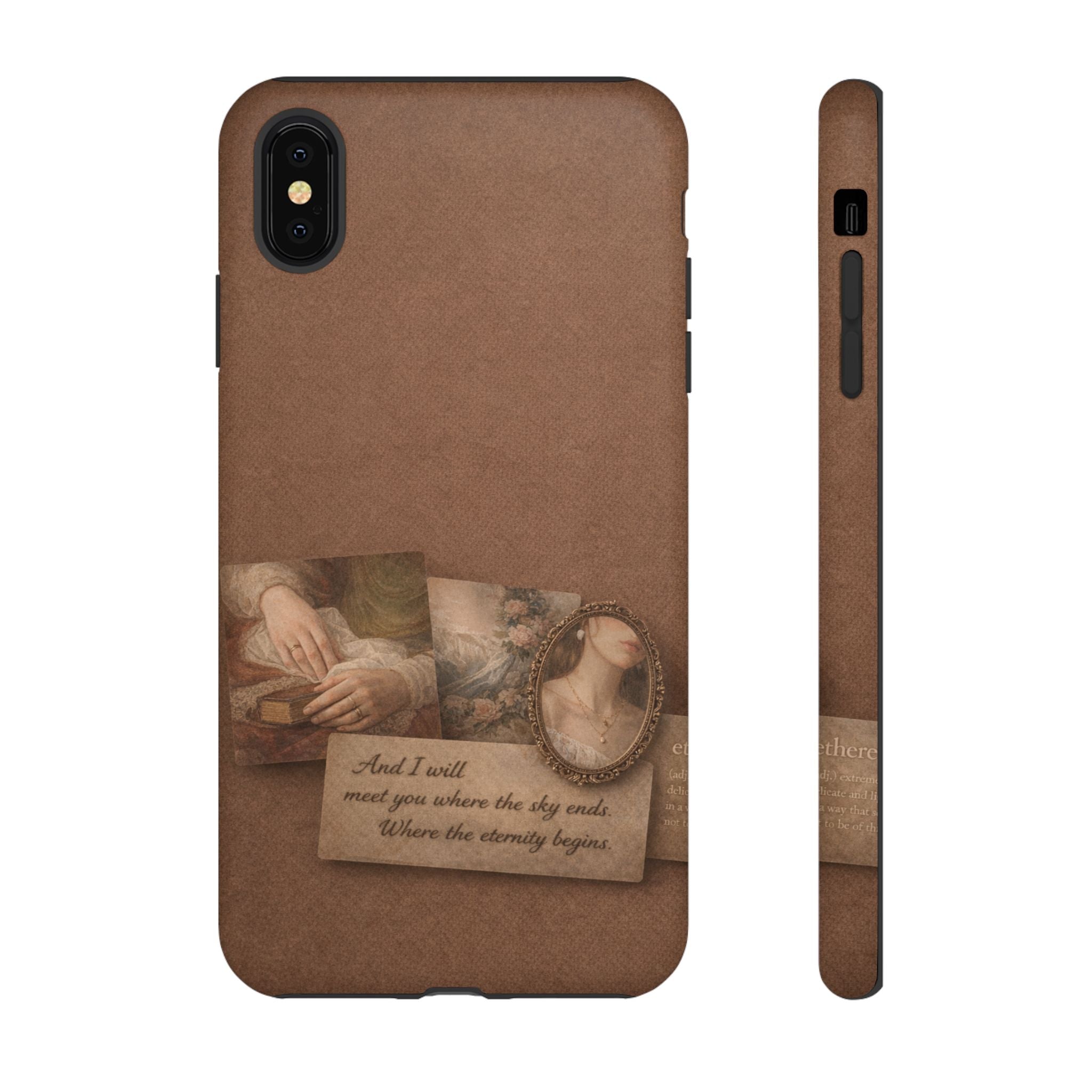 Vintage Brown Phone Case with Romantic Collage — "And I saw you where the sky ends"🌙