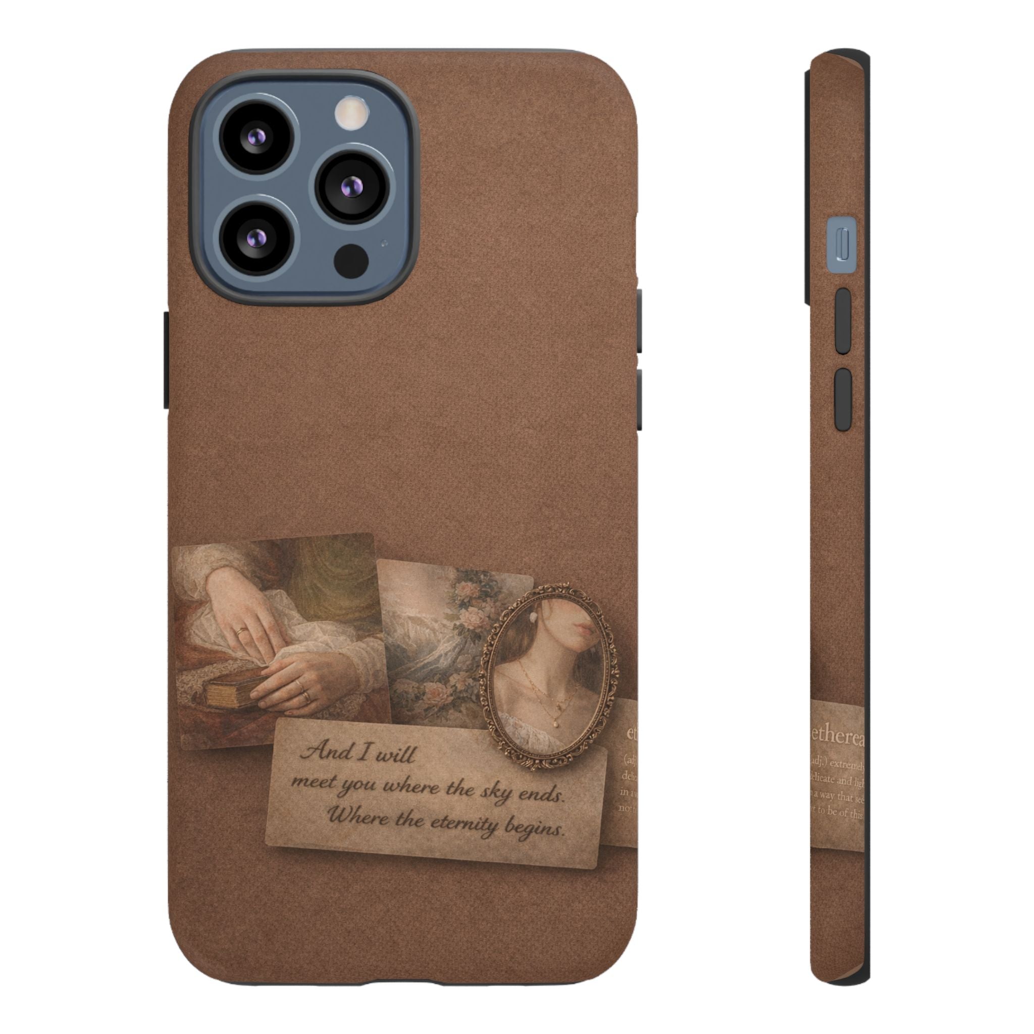 Vintage Brown Phone Case with Romantic Collage — "And I saw you where the sky ends"🌙
