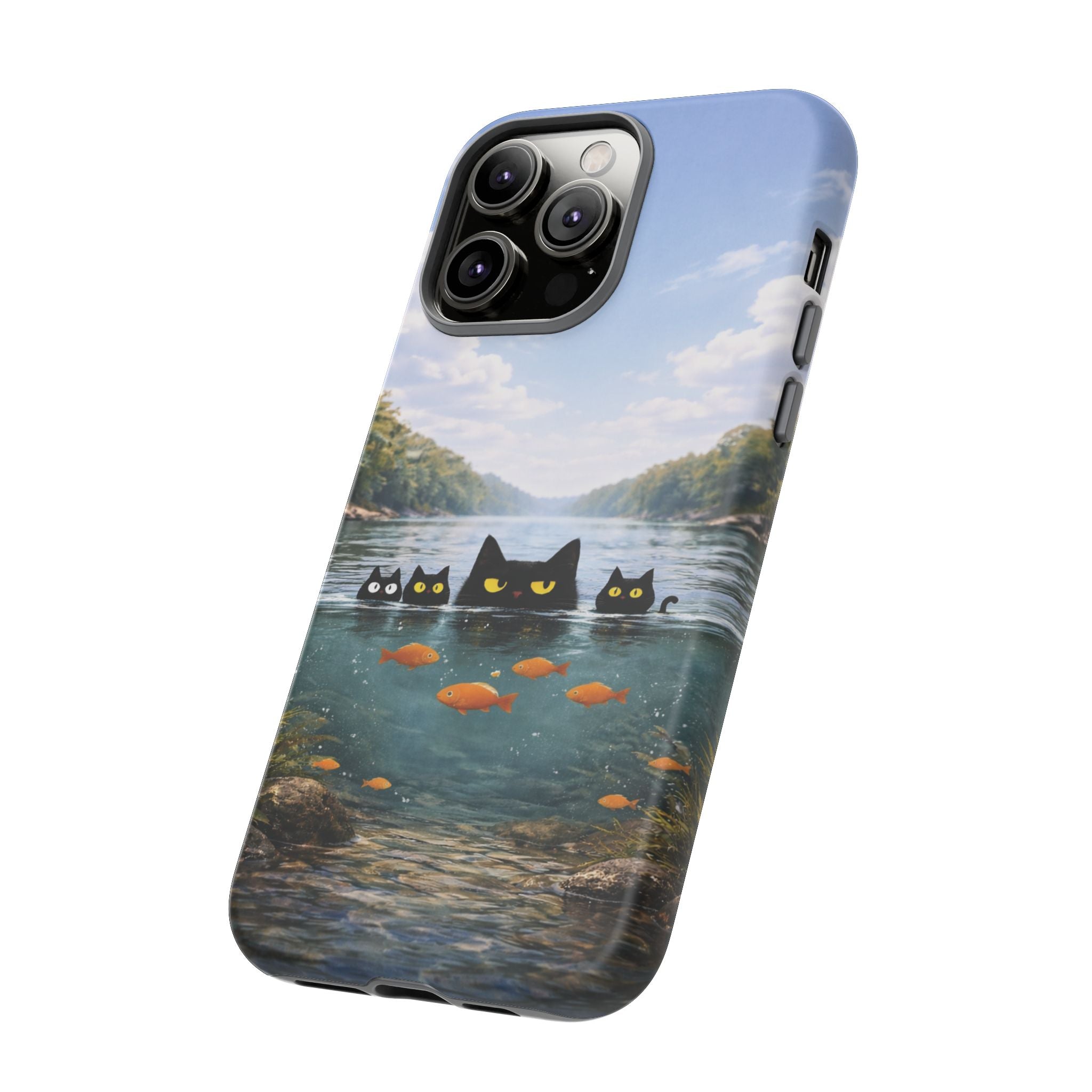Cat Lake Tough Phone Case — Black Cats & Goldfish Scenic Protective Cover🐶🐾