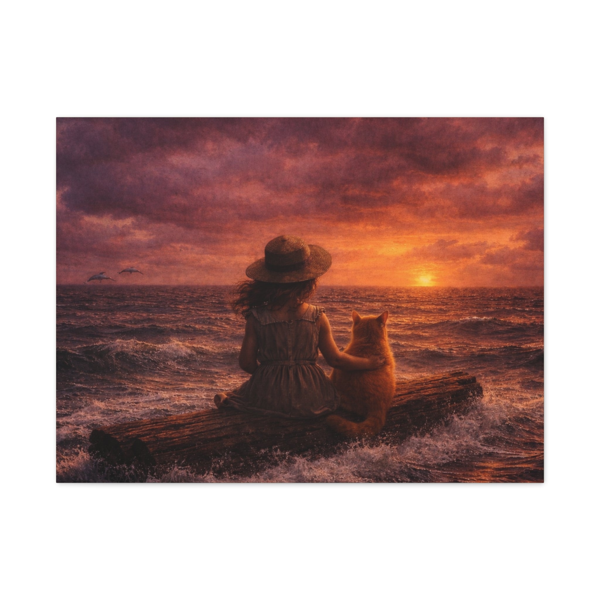 Quiet Companionship at Sunset – Girl & Cat Canvas Wall Art (Matte Stretched) 🌅