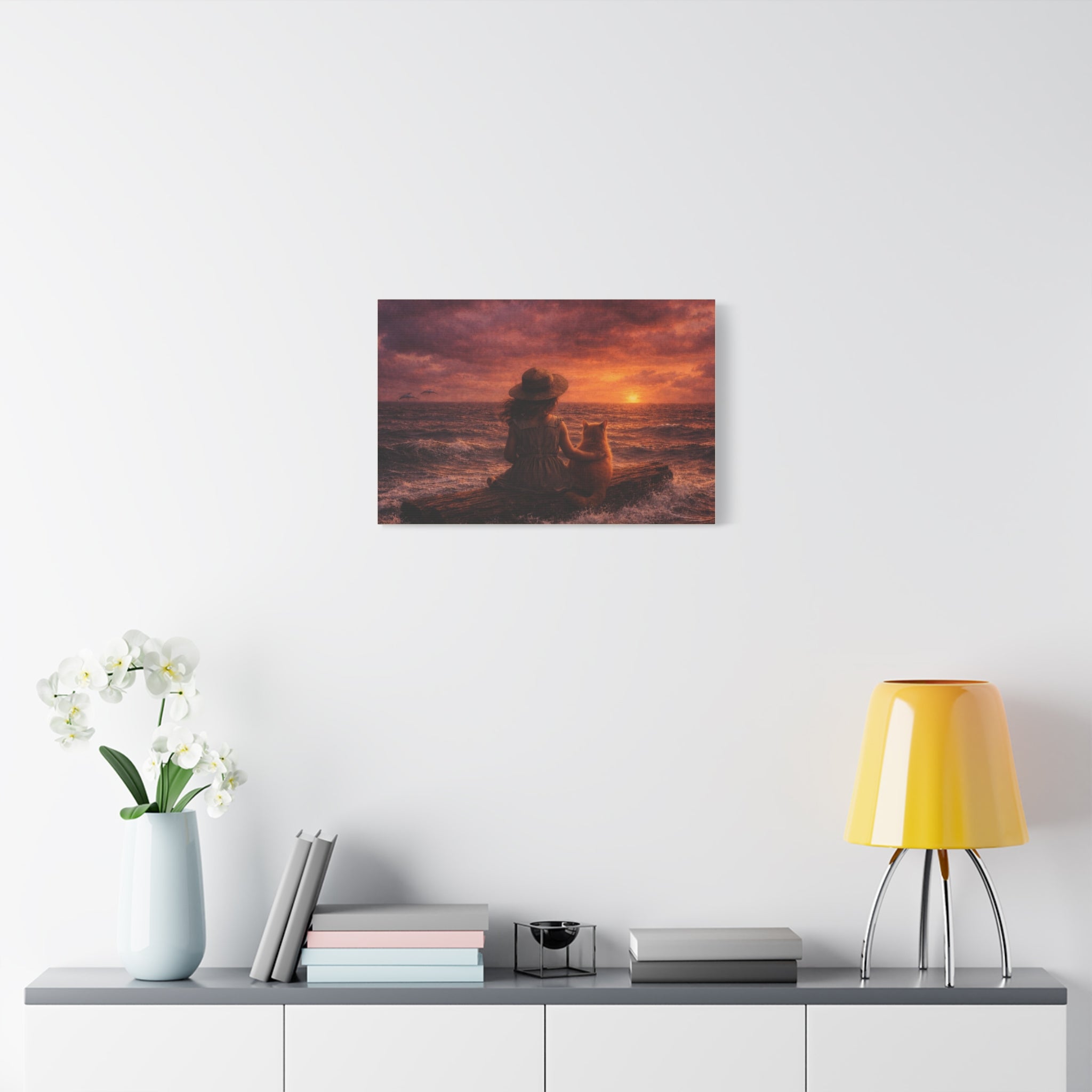 Quiet Companionship at Sunset – Girl & Cat Canvas Wall Art (Matte Stretched) 🌅