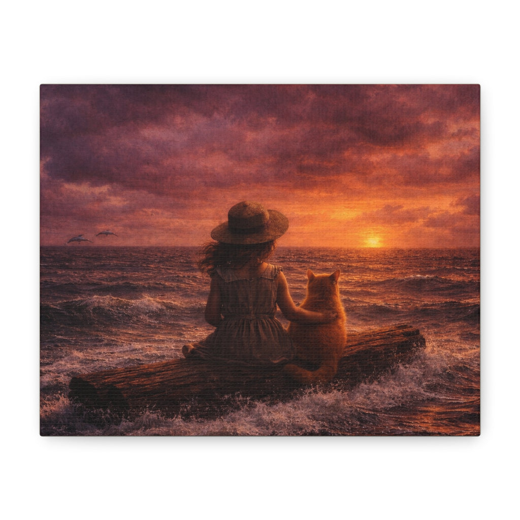 Quiet Companionship at Sunset – Girl & Cat Canvas Wall Art (Matte Stretched) 🌅