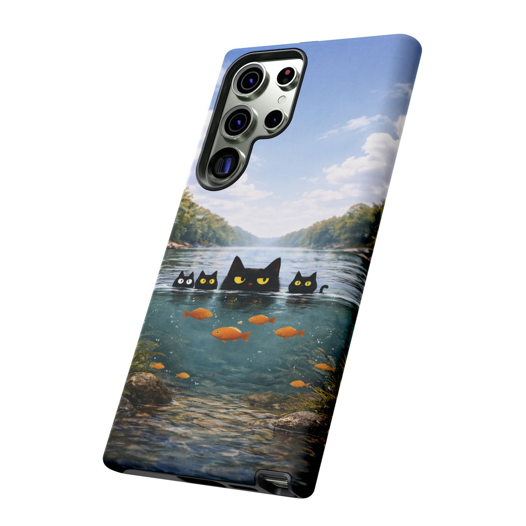 Cat Lake Tough Phone Case — Black Cats & Goldfish Scenic Protective Cover🐶🐾