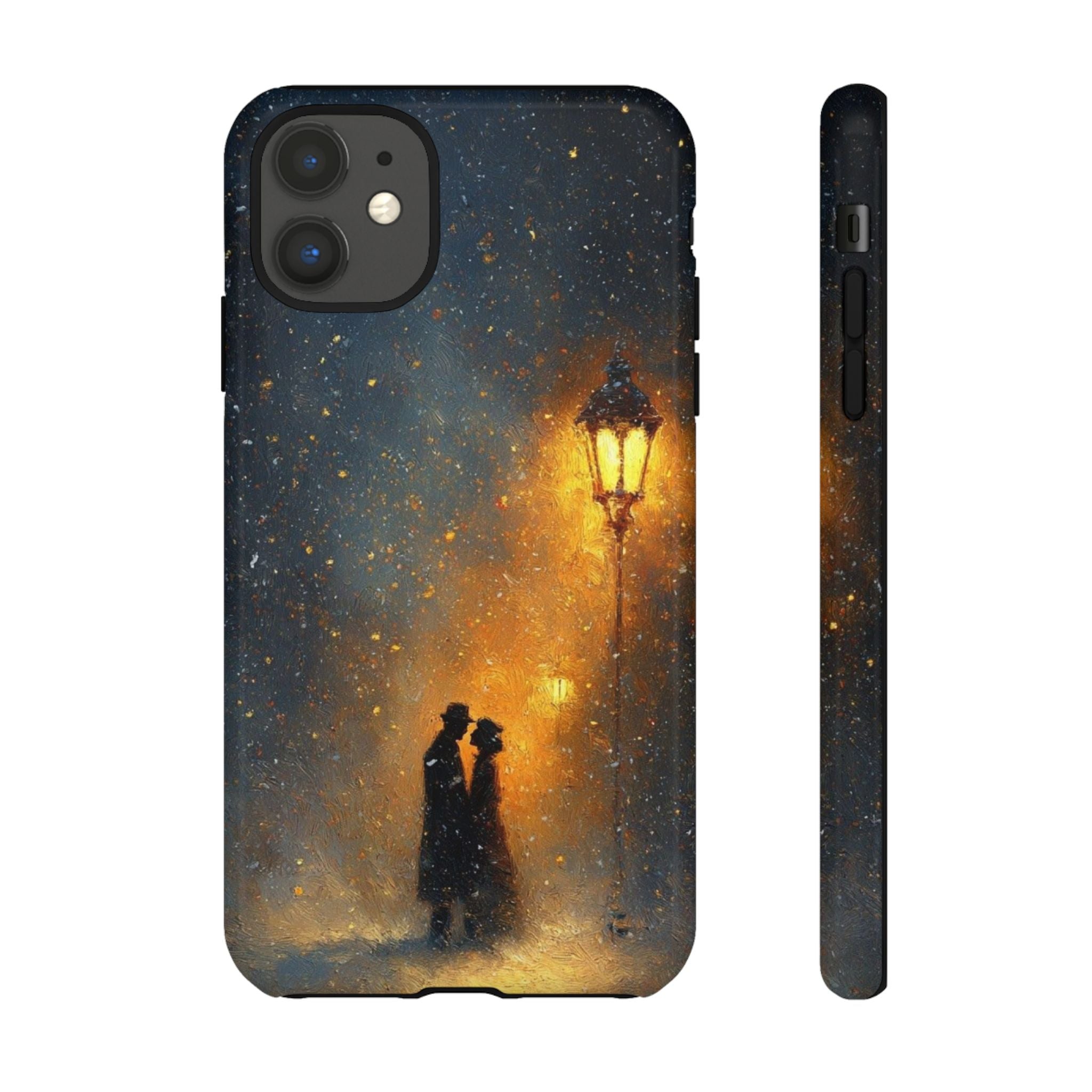Romantic Snowy Street Phone Case — Vintage Couple Under Lamplight🌓🌙