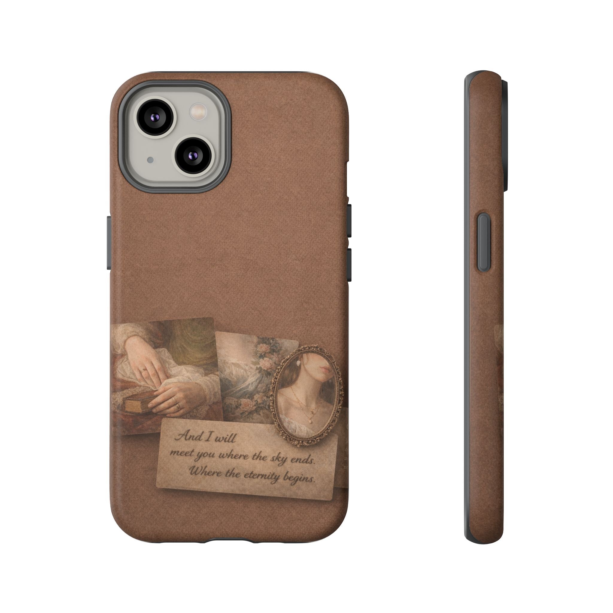 Vintage Brown Phone Case with Romantic Collage — "And I saw you where the sky ends"🌙