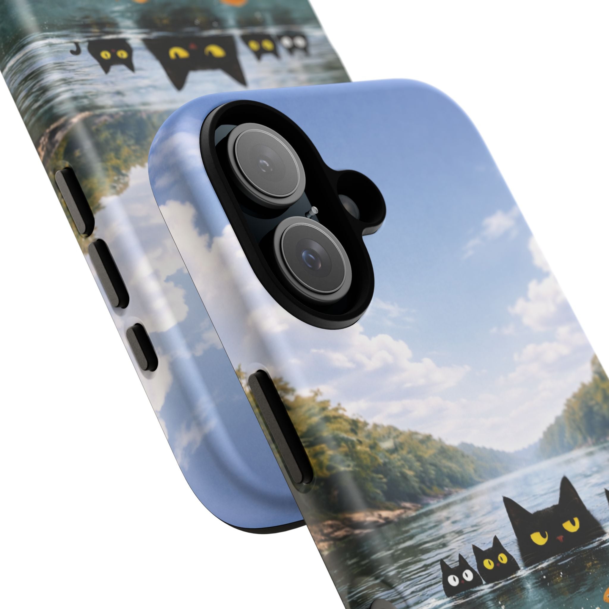 Cat Lake Tough Phone Case — Black Cats & Goldfish Scenic Protective Cover🐶🐾
