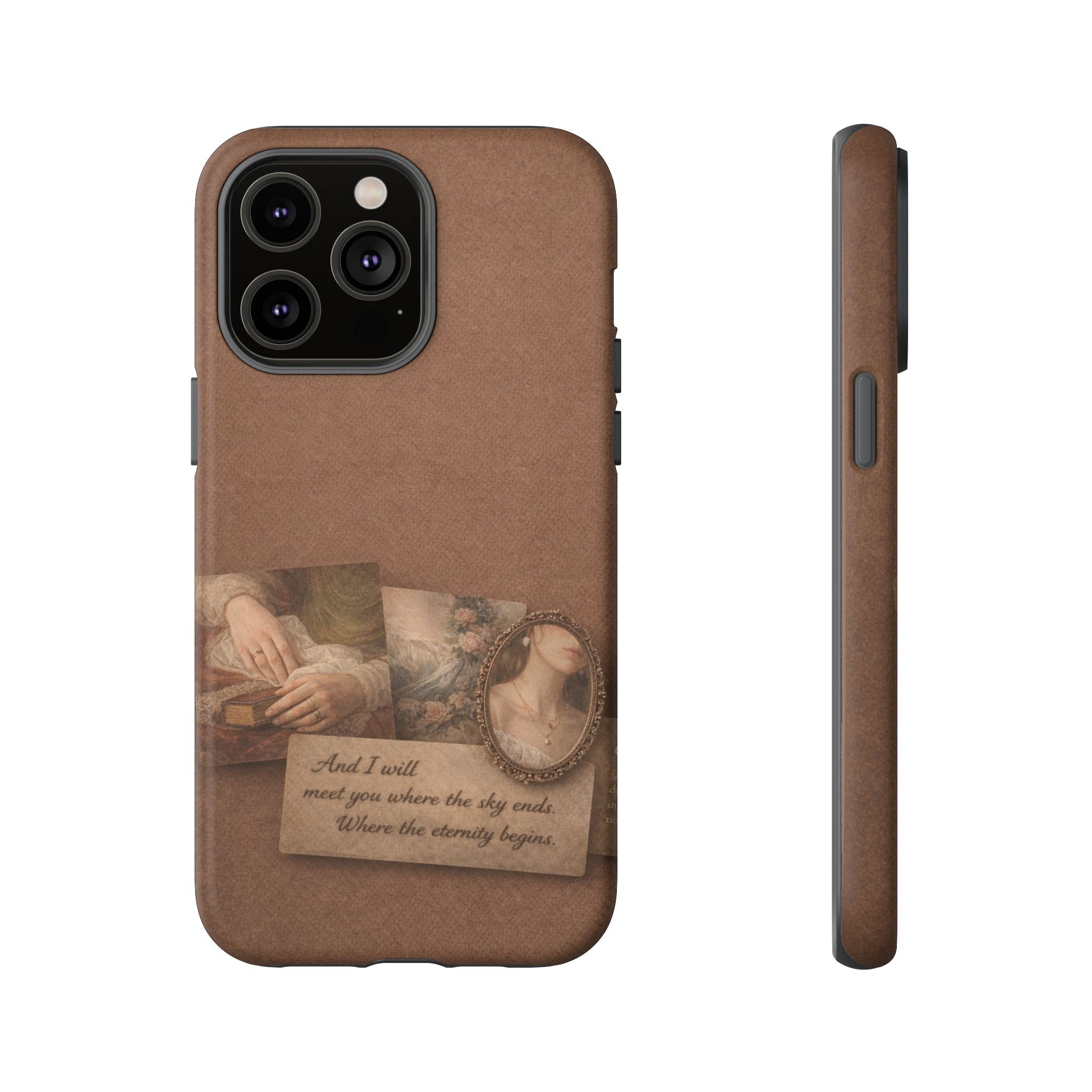 Vintage Brown Phone Case with Romantic Collage — "And I saw you where the sky ends"🌙