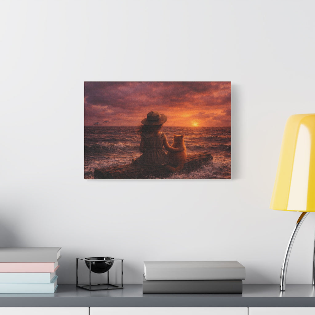 Quiet Companionship at Sunset – Girl & Cat Canvas Wall Art (Matte Stretched) 🌅