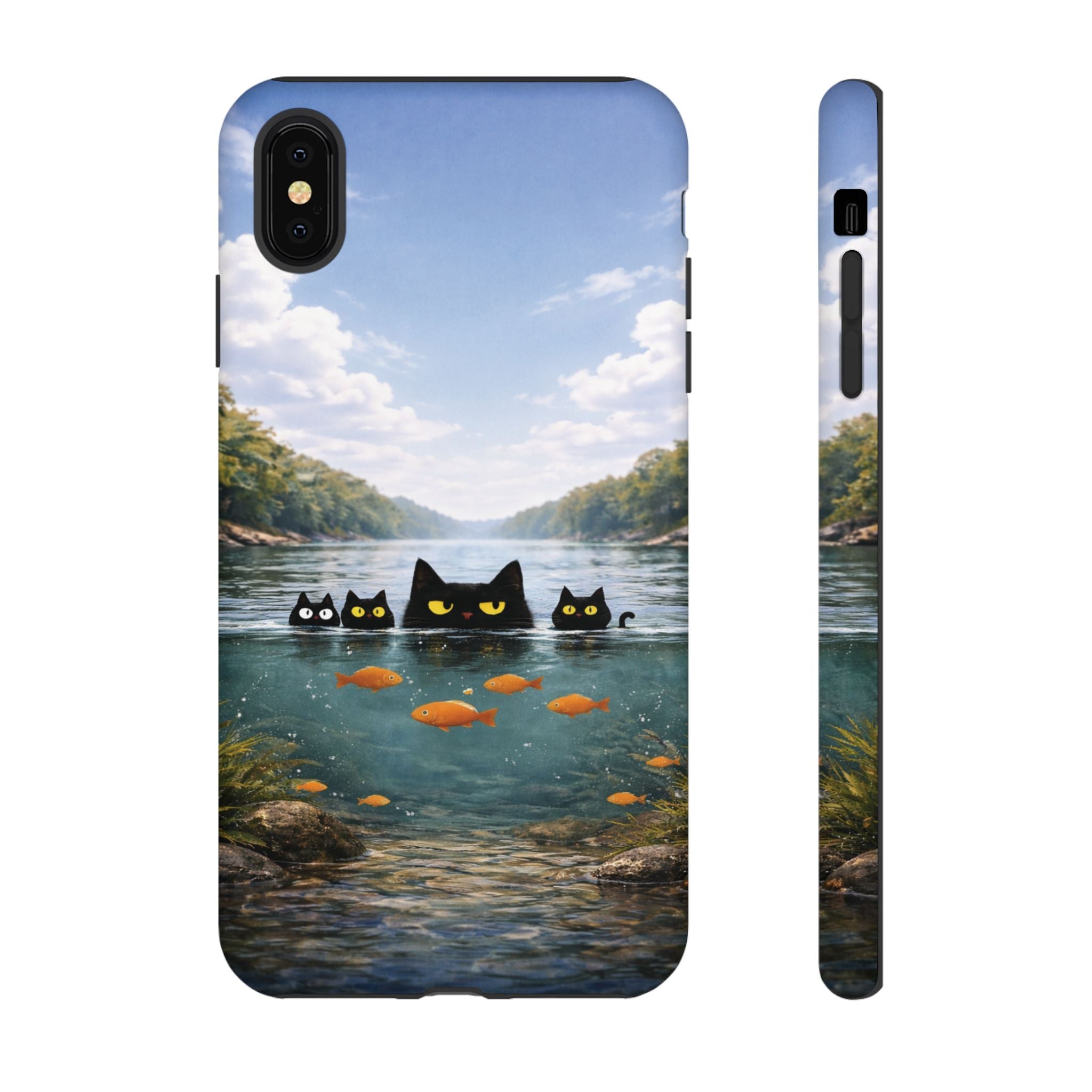 Cat Lake Tough Phone Case — Black Cats & Goldfish Scenic Protective Cover🐶🐾