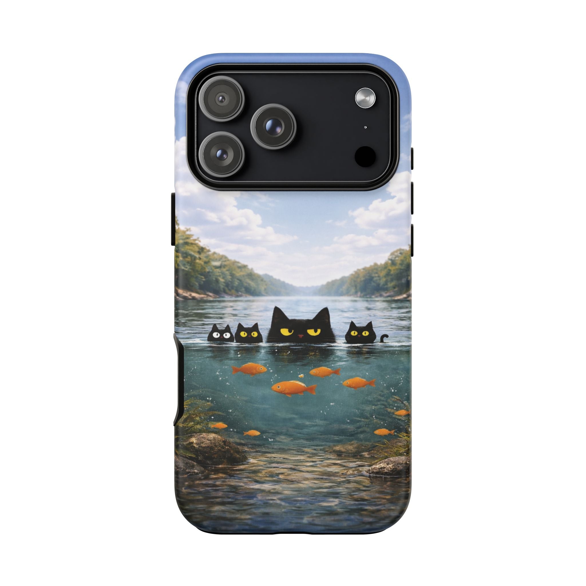 Cat Lake Tough Phone Case — Black Cats & Goldfish Scenic Protective Cover🐶🐾