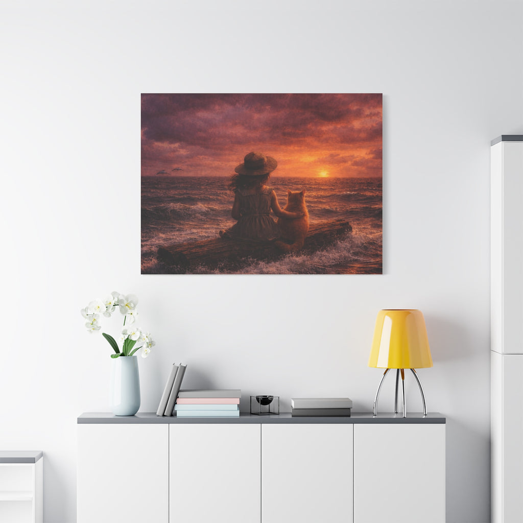Quiet Companionship at Sunset – Girl & Cat Canvas Wall Art (Matte Stretched) 🌅