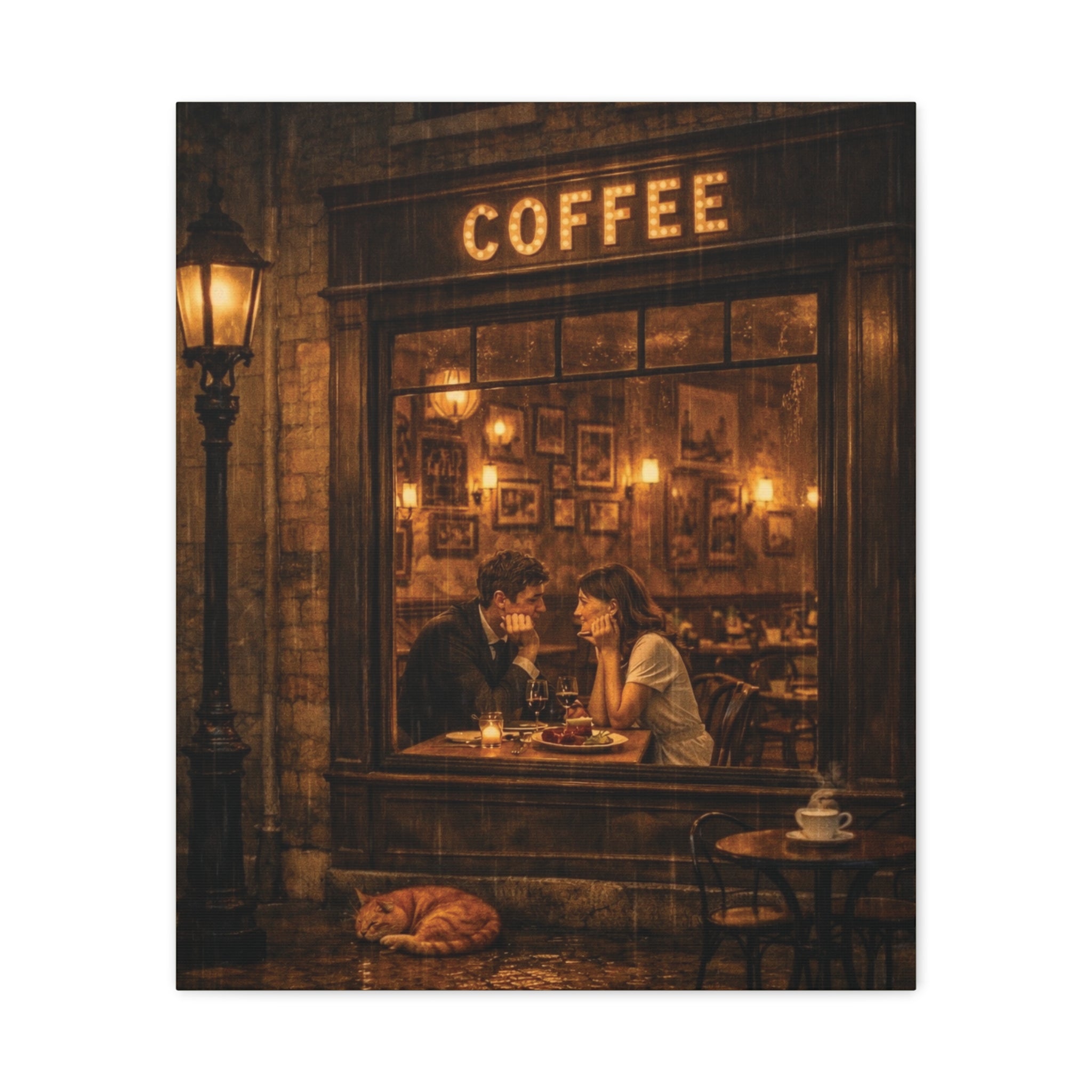 Coffee Shop Romance ☕🌧️ | Vintage Rainy Night Café Canvas Wall Art