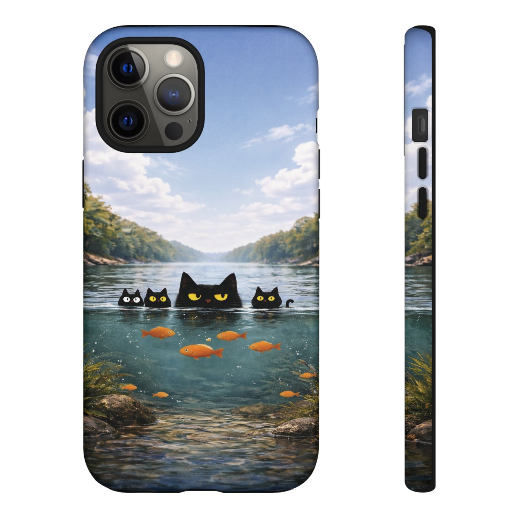 Cat Lake Tough Phone Case — Black Cats & Goldfish Scenic Protective Cover🐶🐾