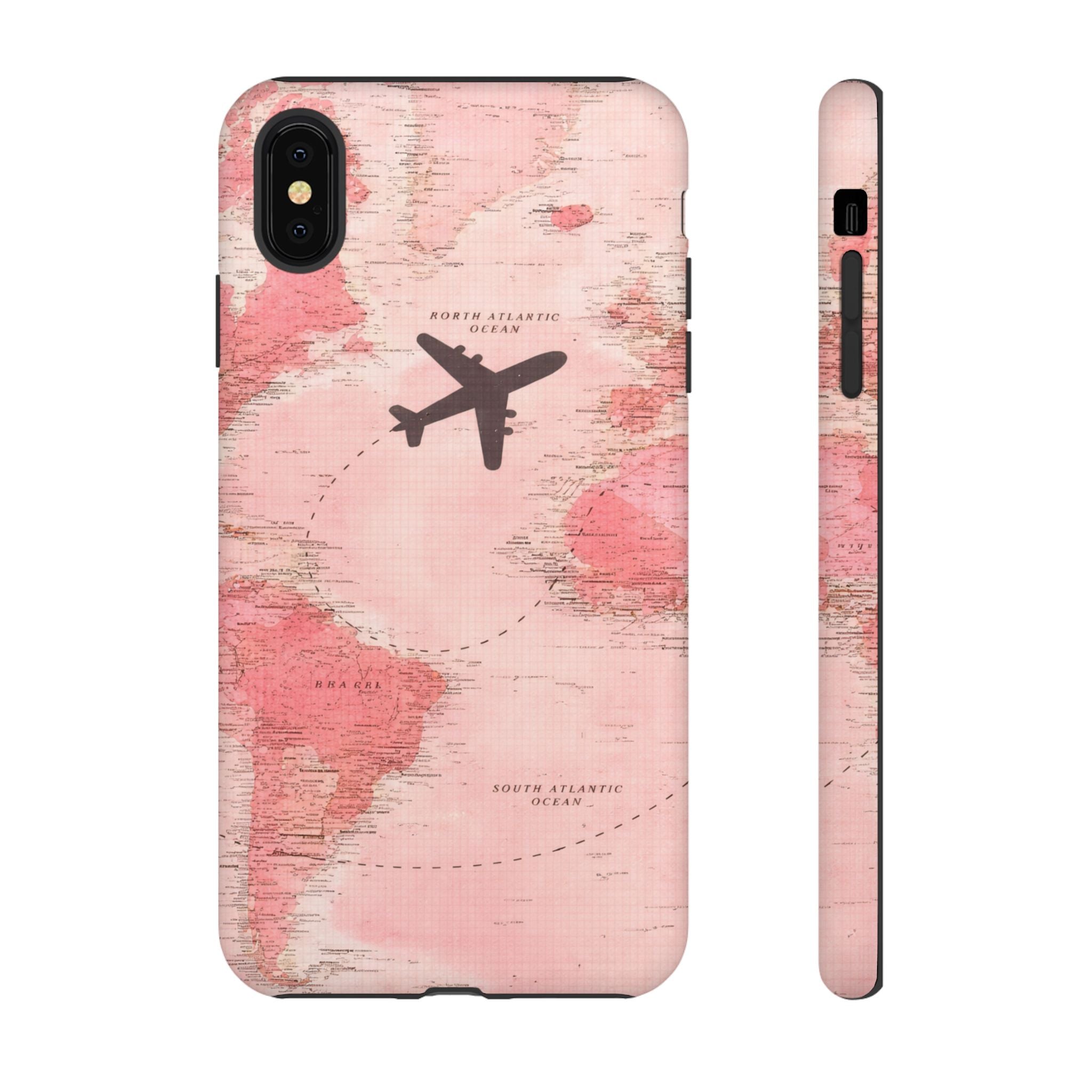 Pink World Map Phone Case with Airplane Silhouette – Travel Passport Case🎀✈️