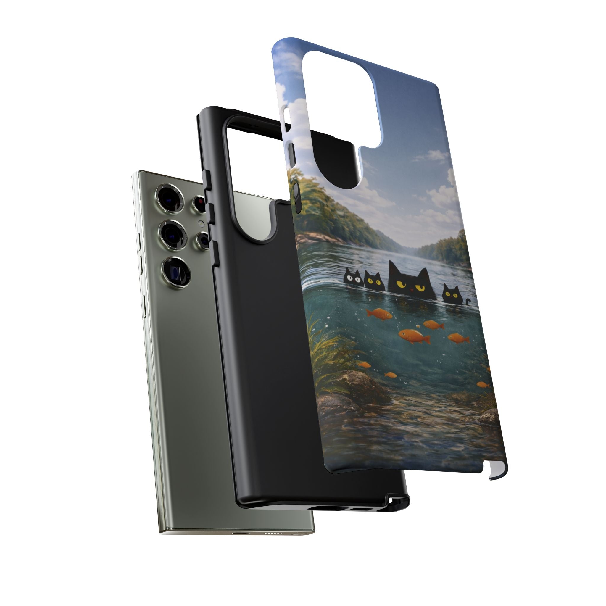 Cat Lake Tough Phone Case — Black Cats & Goldfish Scenic Protective Cover🐶🐾
