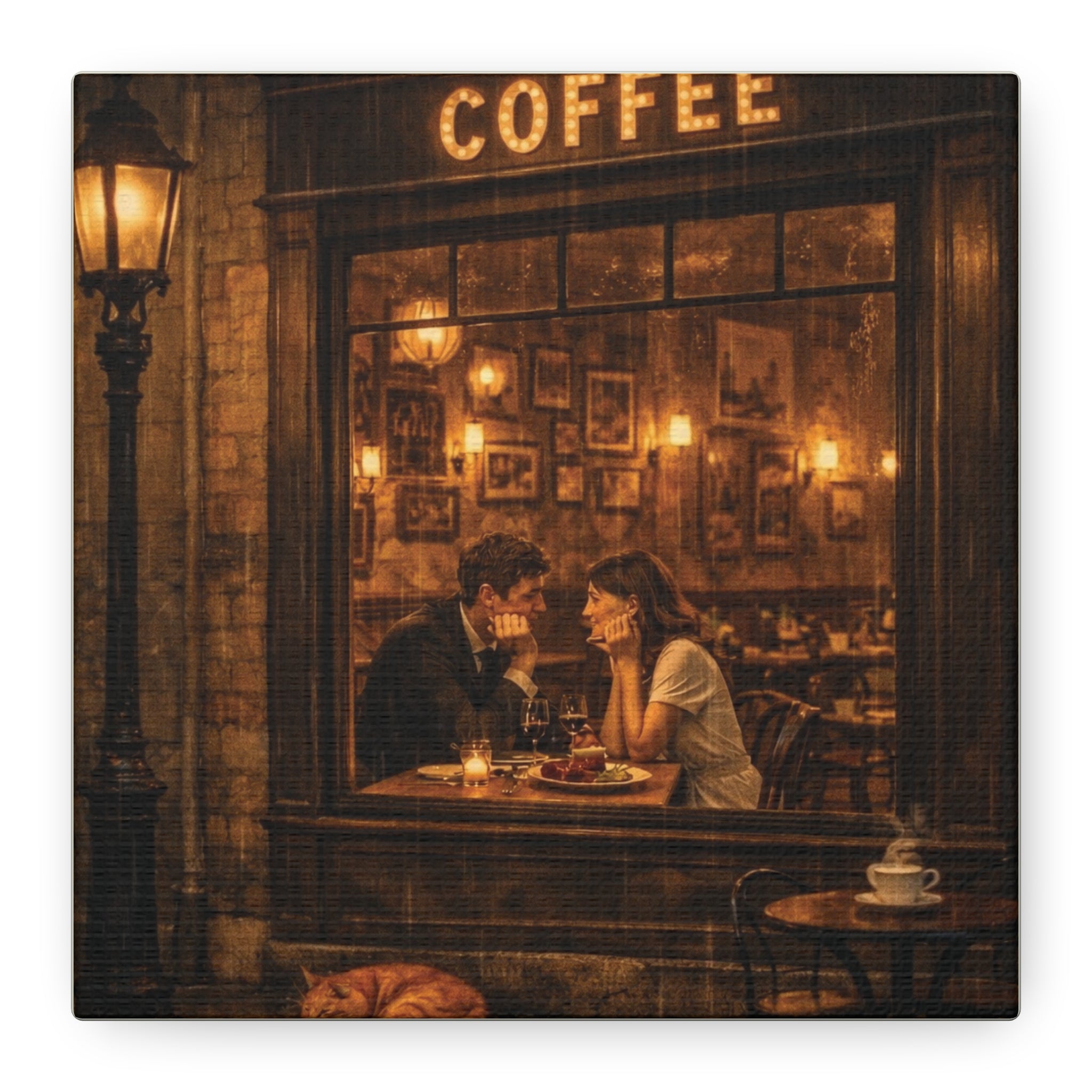 Coffee Shop Romance ☕🌧️ | Vintage Rainy Night Café Canvas Wall Art