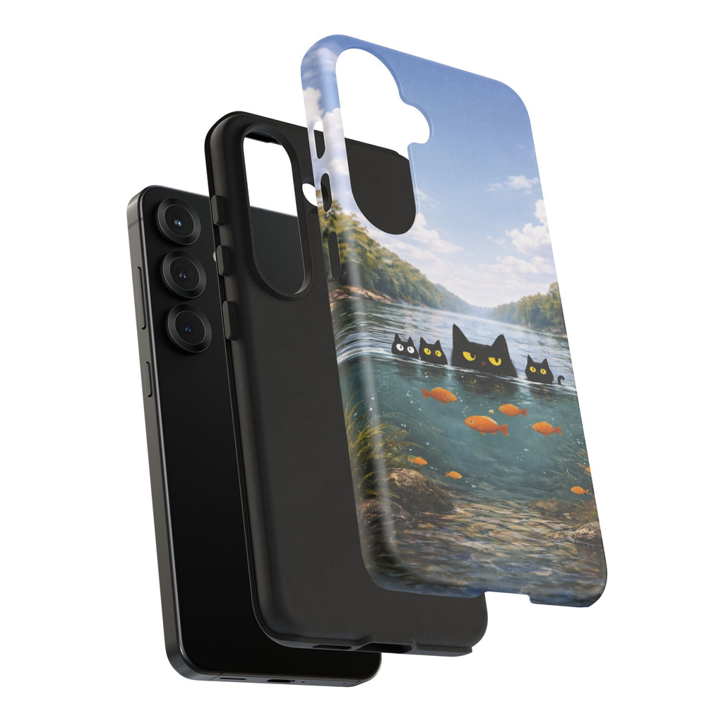 Cat Lake Tough Phone Case — Black Cats & Goldfish Scenic Protective Cover🐶🐾