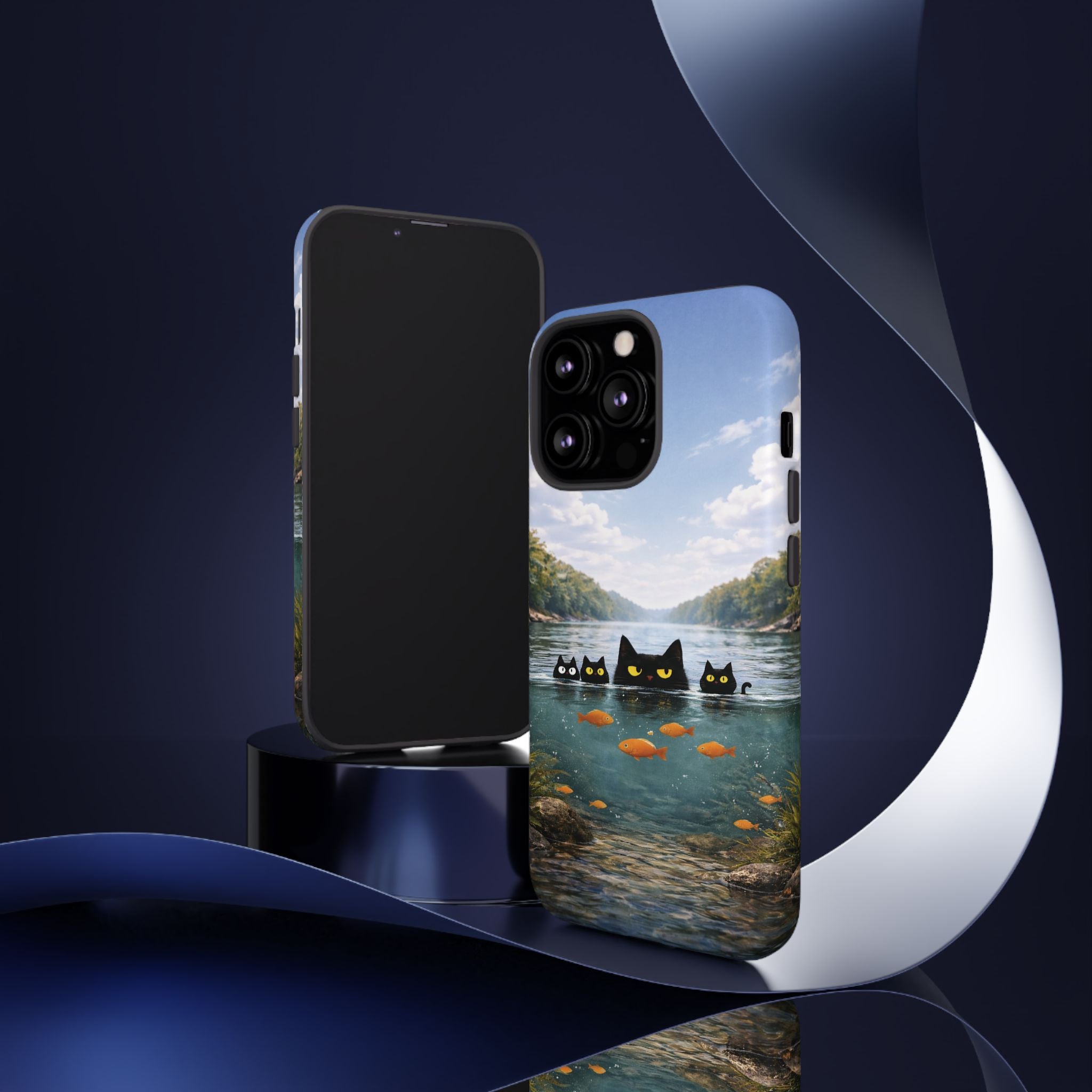 Cat Lake Tough Phone Case — Black Cats & Goldfish Scenic Protective Cover🐶🐾