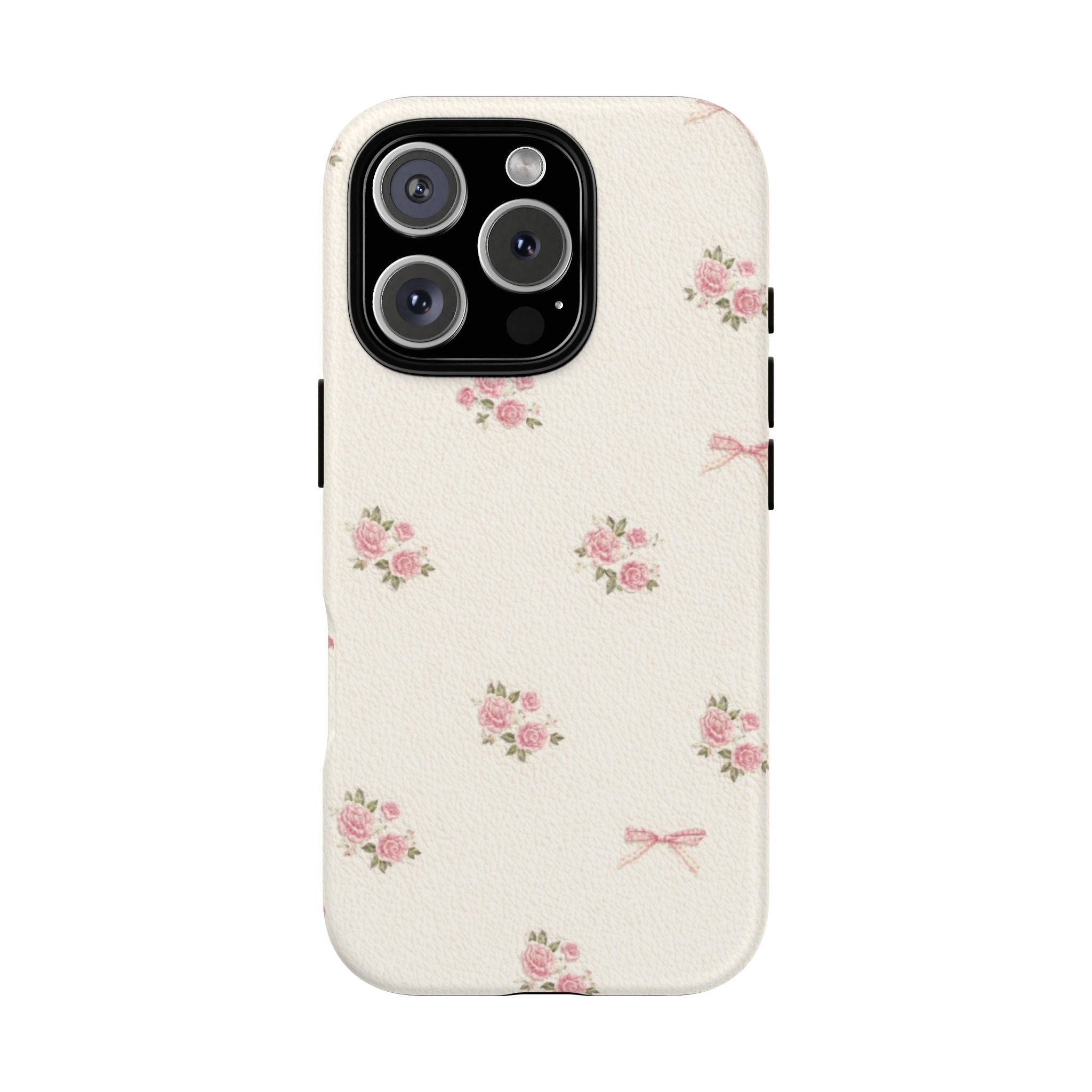 Floral Bow Tough Phone Case — Vintage Pink Rose Pattern🌷🎀