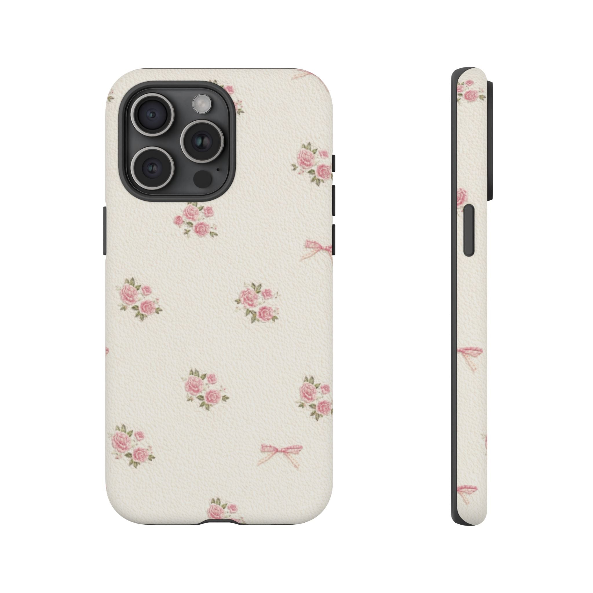 Floral Bow Tough Phone Case — Vintage Pink Rose Pattern🌷🎀