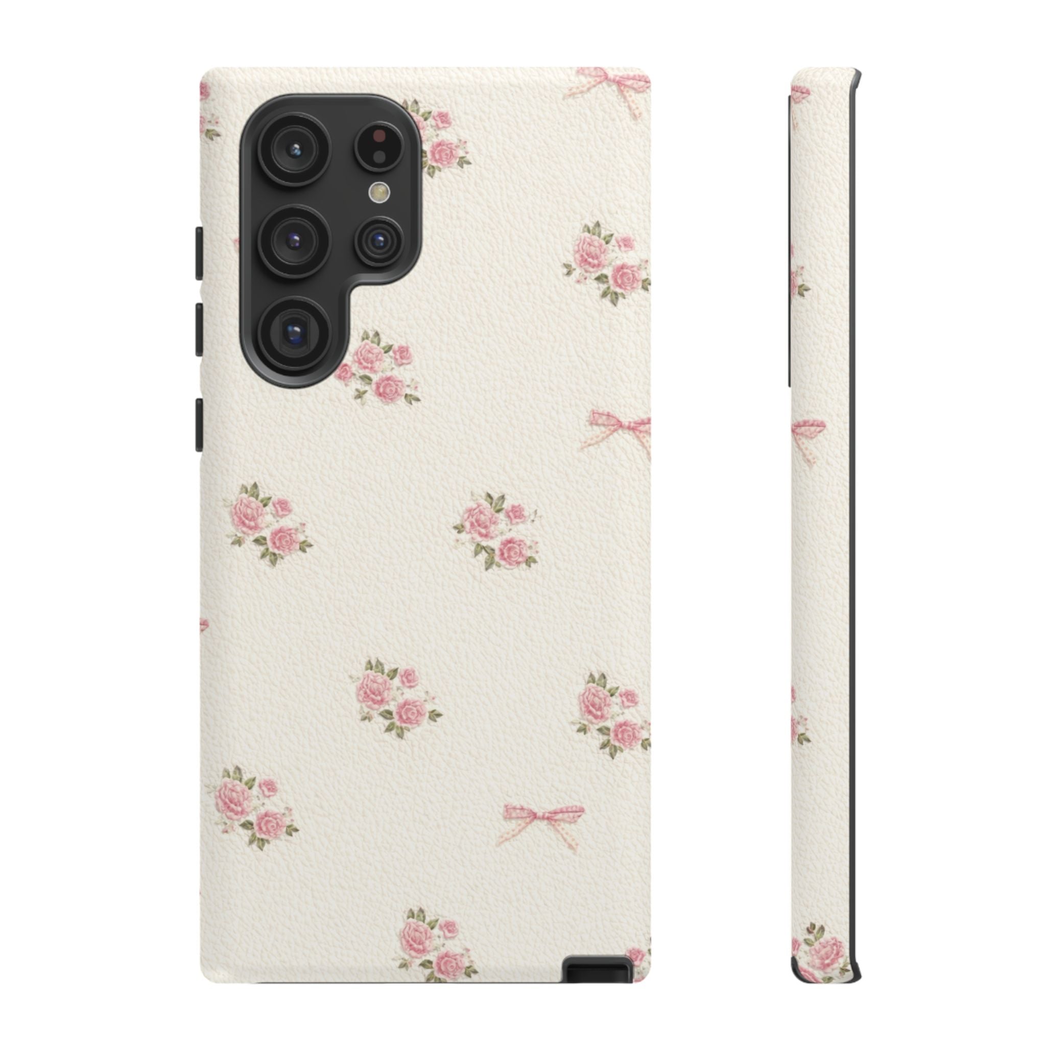 Floral Bow Tough Phone Case — Vintage Pink Rose Pattern🌷🎀