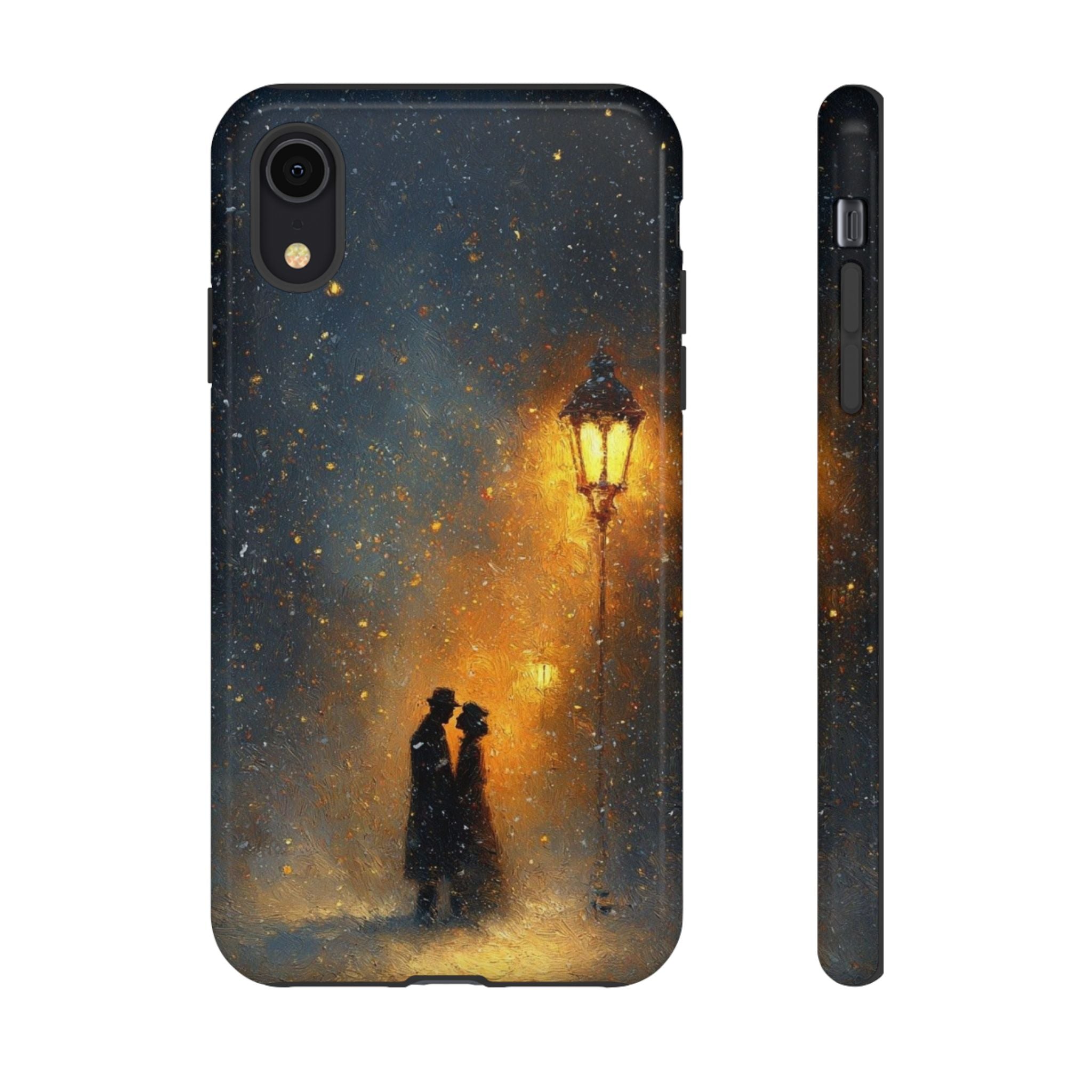 Romantic Snowy Street Phone Case — Vintage Couple Under Lamplight🌓🌙