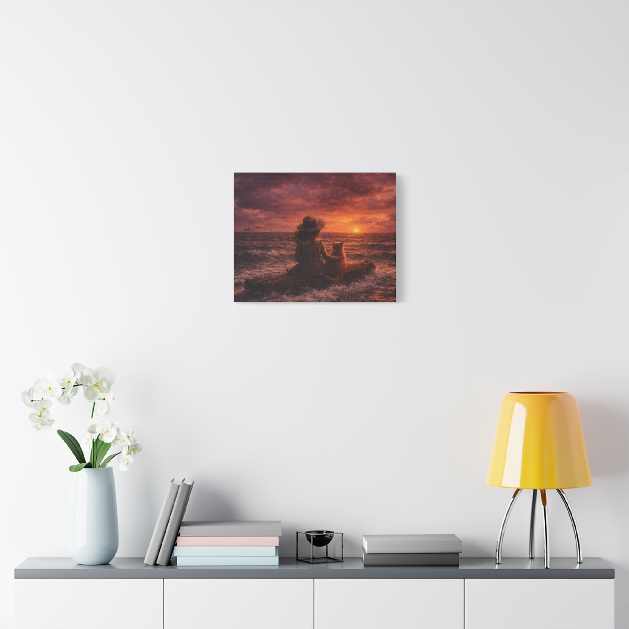 Quiet Companionship at Sunset – Girl & Cat Canvas Wall Art (Matte Stretched) 🌅