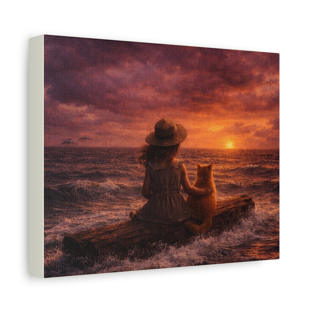 Quiet Companionship at Sunset – Girl & Cat Canvas Wall Art (Matte Stretched) 🌅