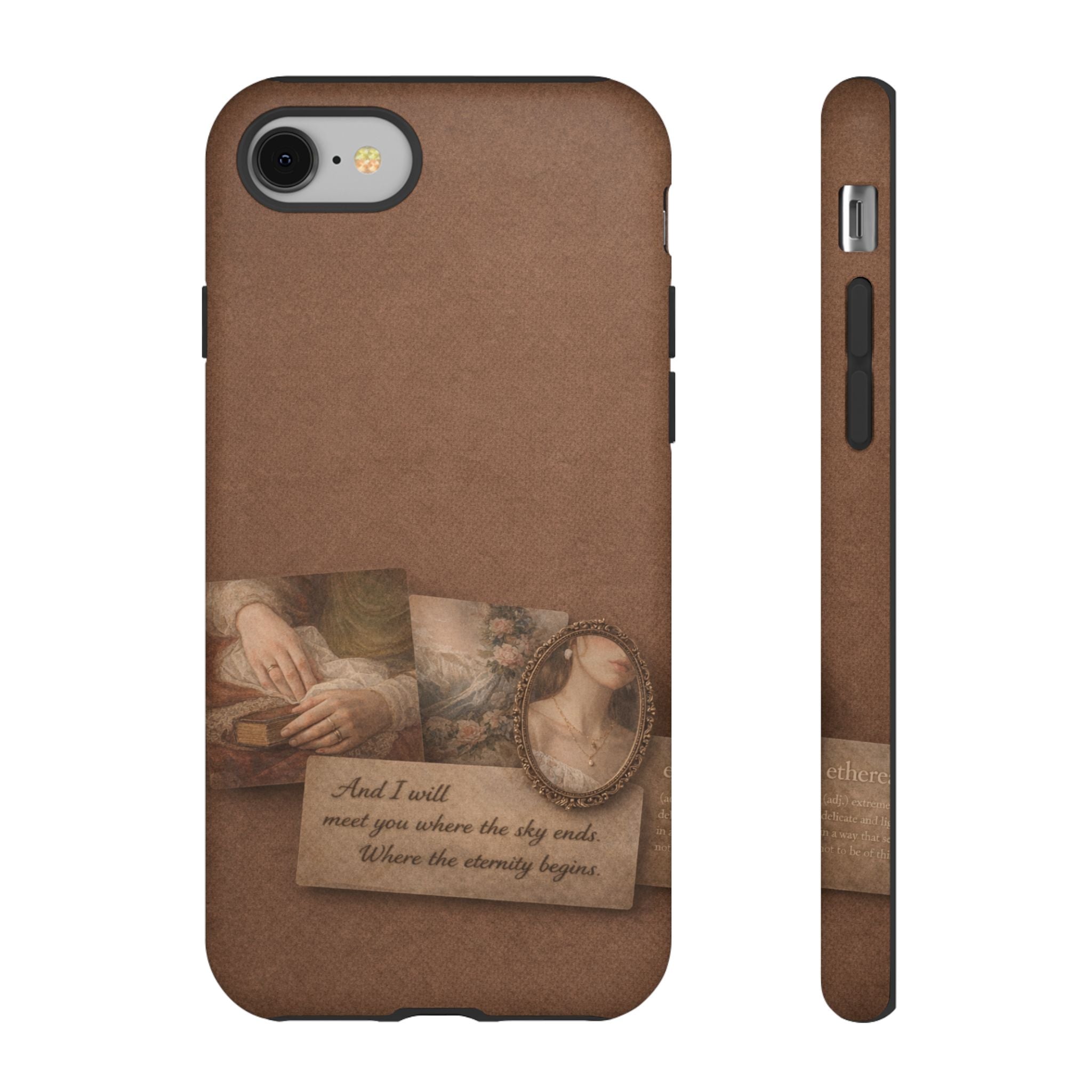 Vintage Brown Phone Case with Romantic Collage — "And I saw you where the sky ends"🌙