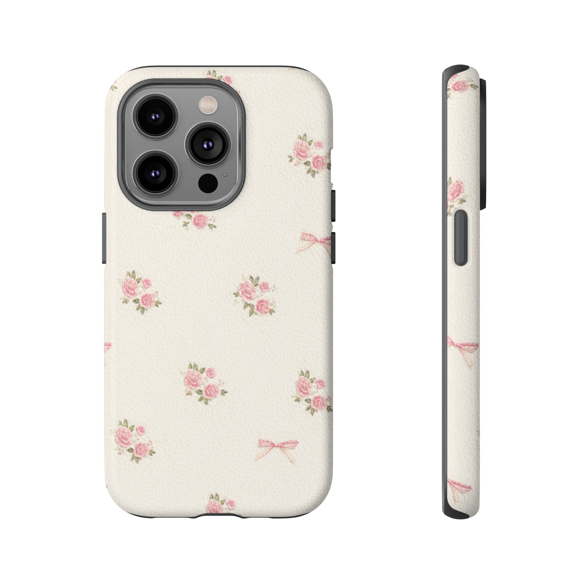 Floral Bow Tough Phone Case — Vintage Pink Rose Pattern🌷🎀