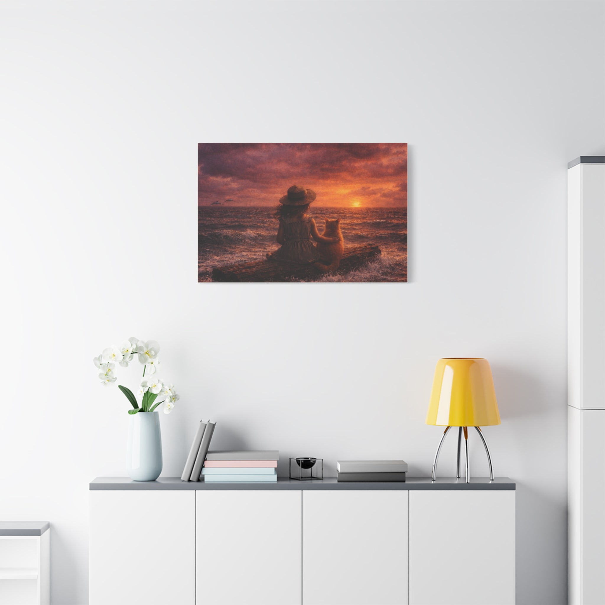 Quiet Companionship at Sunset – Girl & Cat Canvas Wall Art (Matte Stretched) 🌅