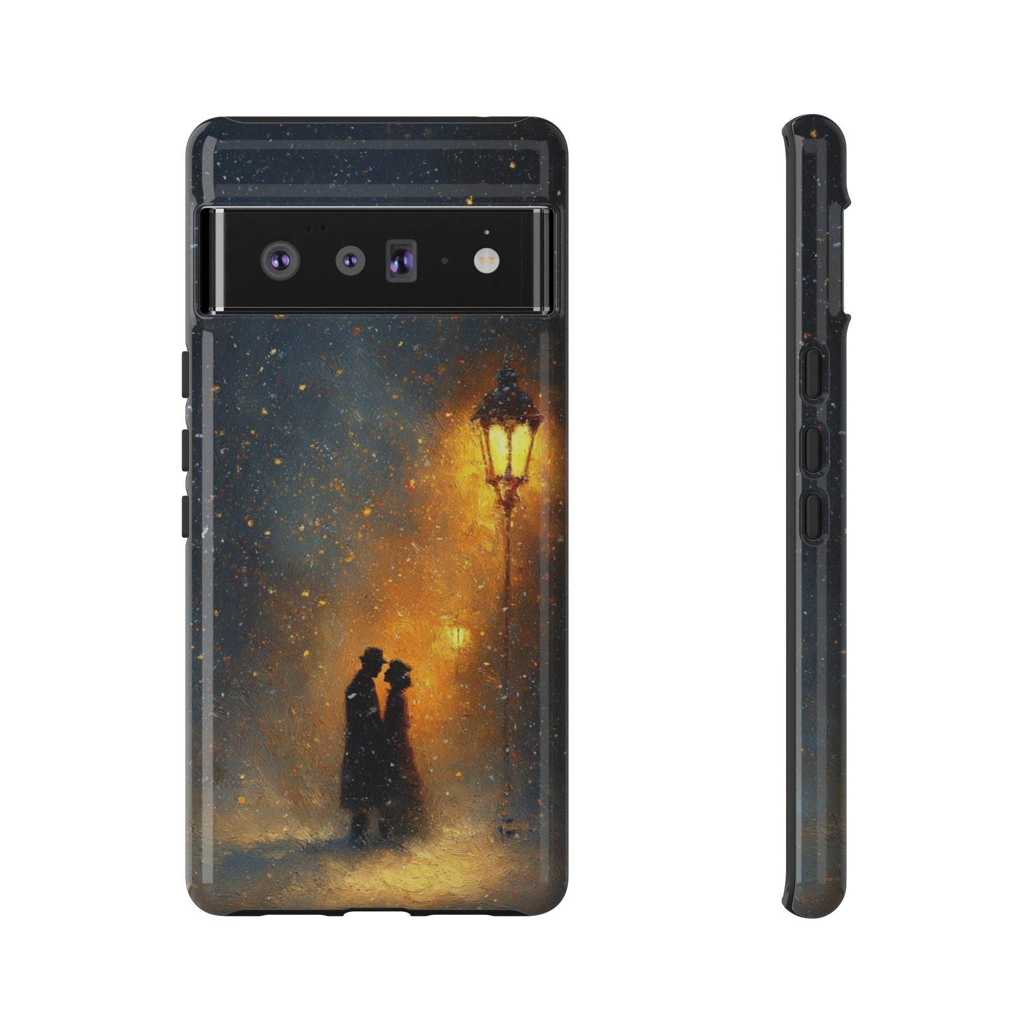 Romantic Snowy Street Phone Case — Vintage Couple Under Lamplight🌓🌙