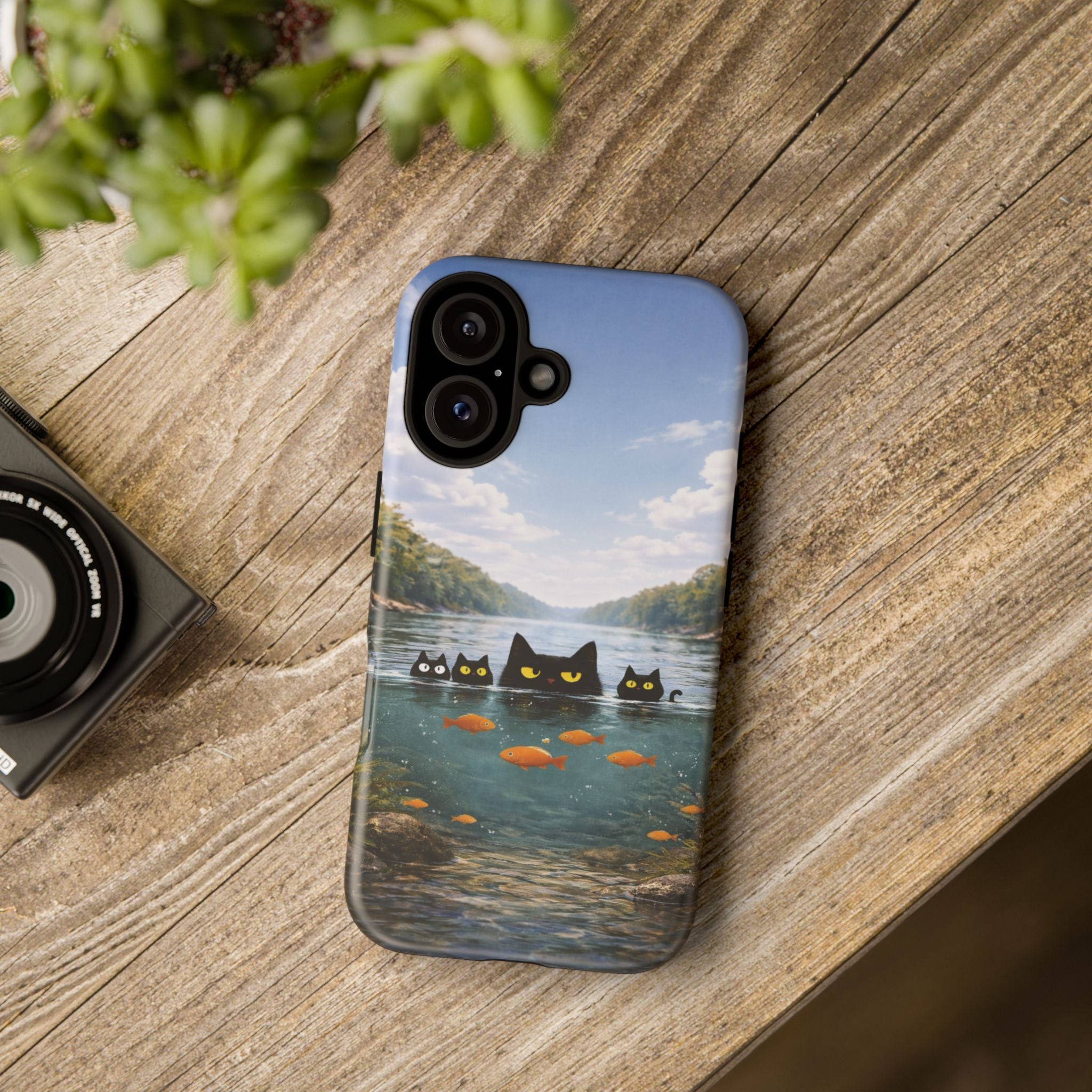 Cat Lake Tough Phone Case — Black Cats & Goldfish Scenic Protective Cover🐶🐾