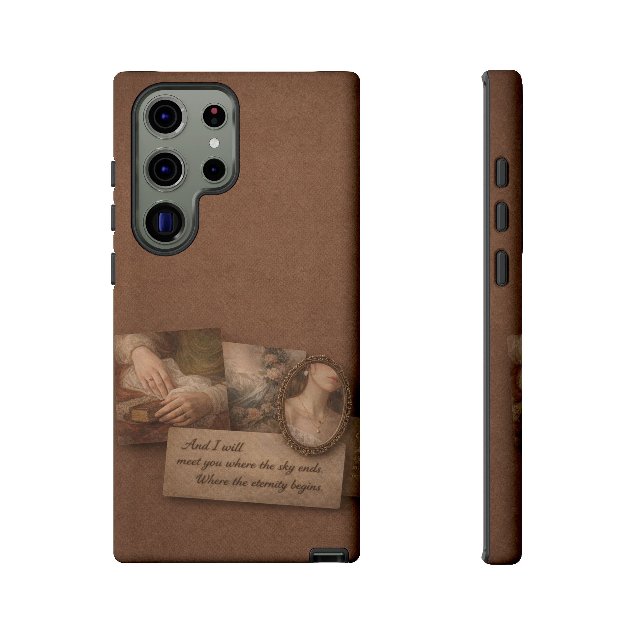 Vintage Brown Phone Case with Romantic Collage — "And I saw you where the sky ends"🌙
