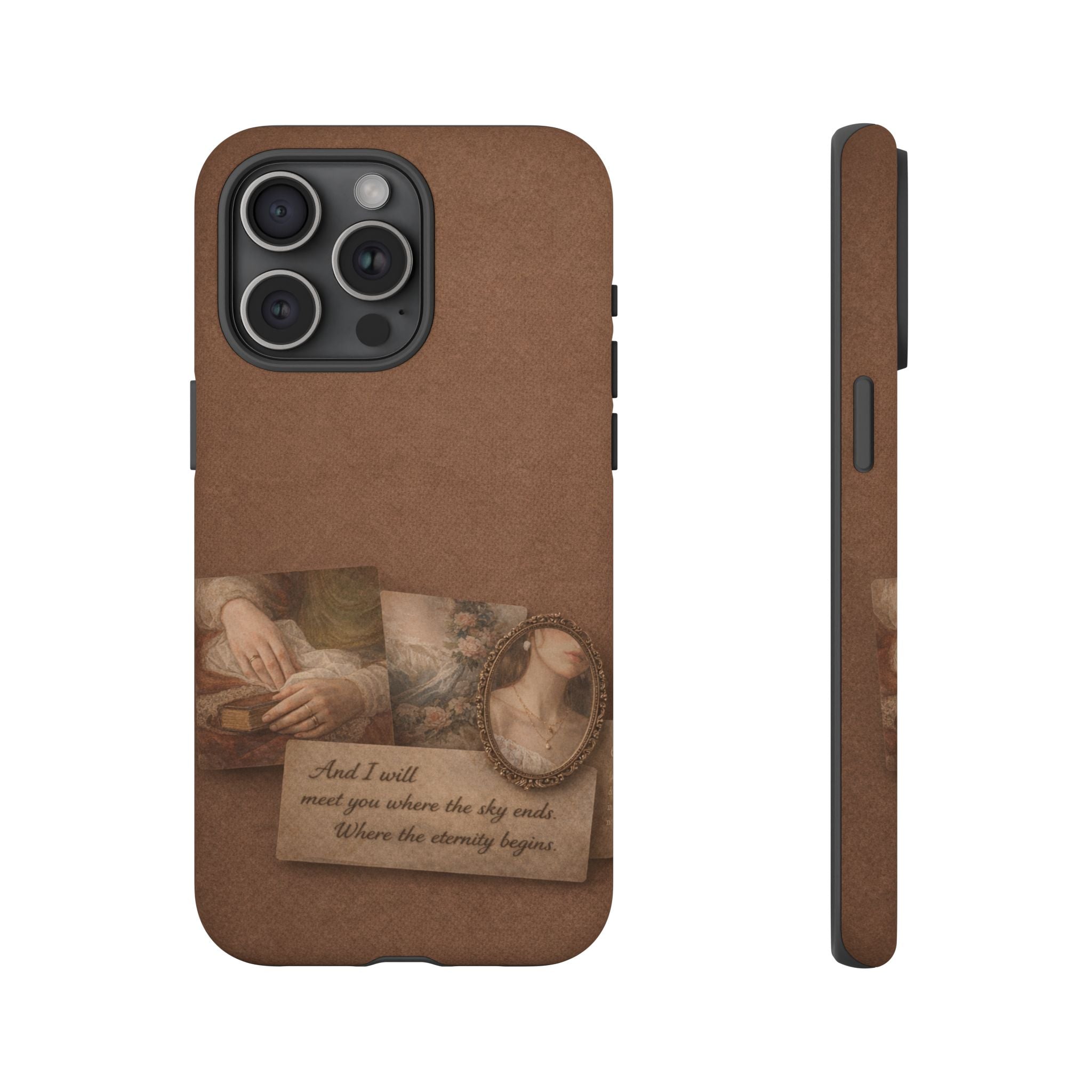 Vintage Brown Phone Case with Romantic Collage — "And I saw you where the sky ends"🌙