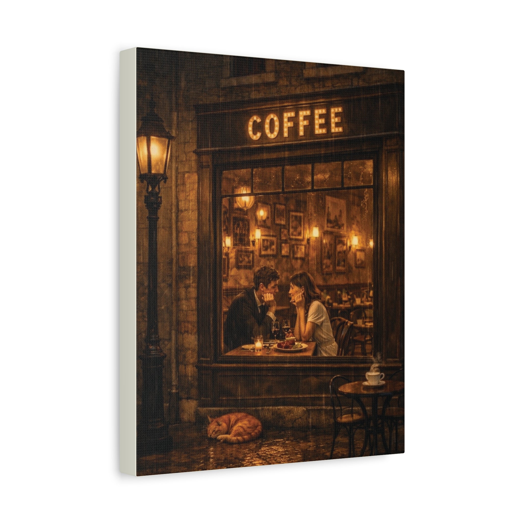 Coffee Shop Romance ☕🌧️ | Vintage Rainy Night Café Canvas Wall Art